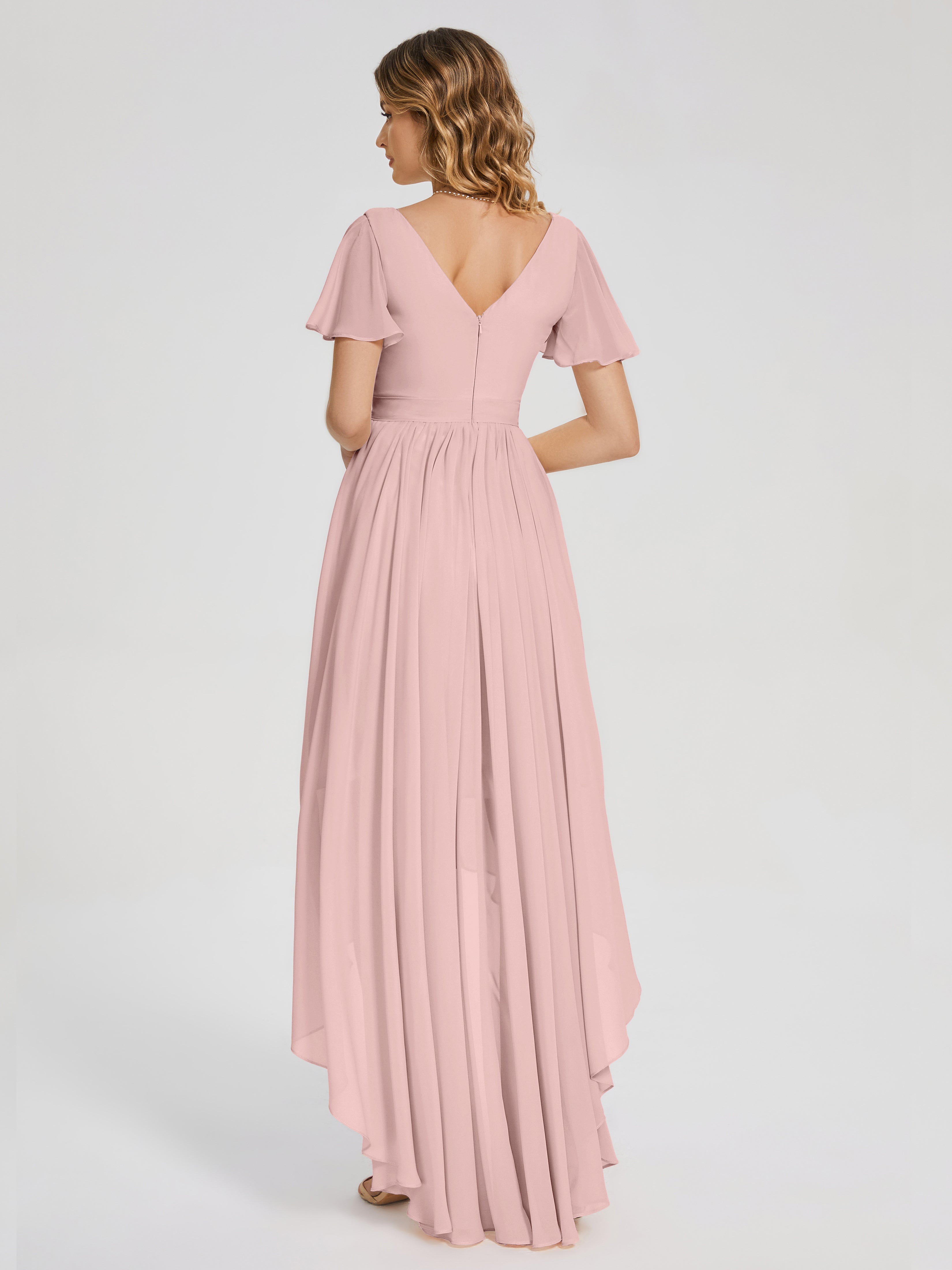 Robes De Demoiselle D'Honneur Rose Poussiéreux Asymétrique Manches Courtes Mousseline Robes Demoiselle D'Honneur