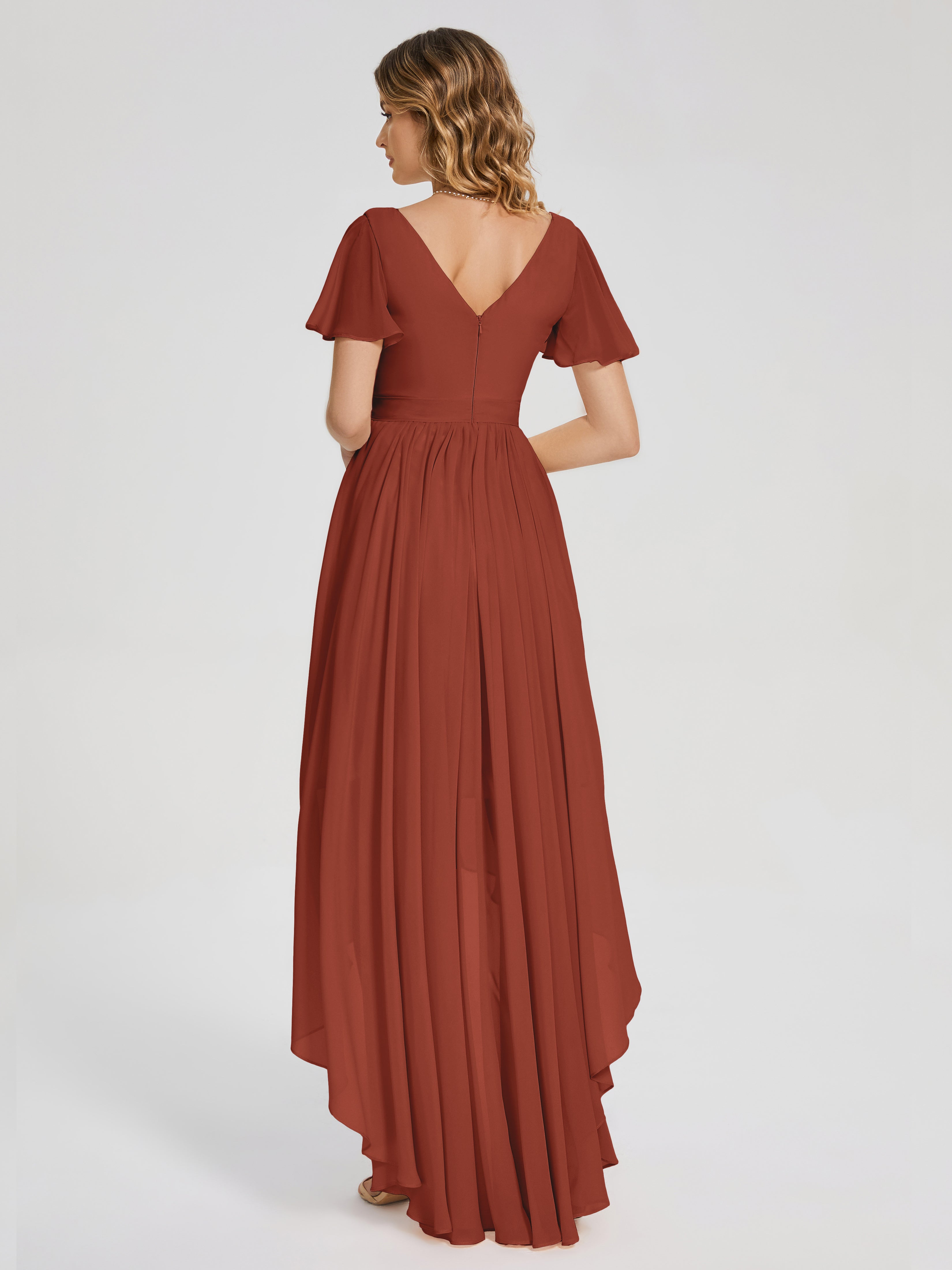 Robe De Demoiselle D'Honneur Rouille Asymétrique Manches Courtes Mousseline Robes Demoiselle D'Honneur