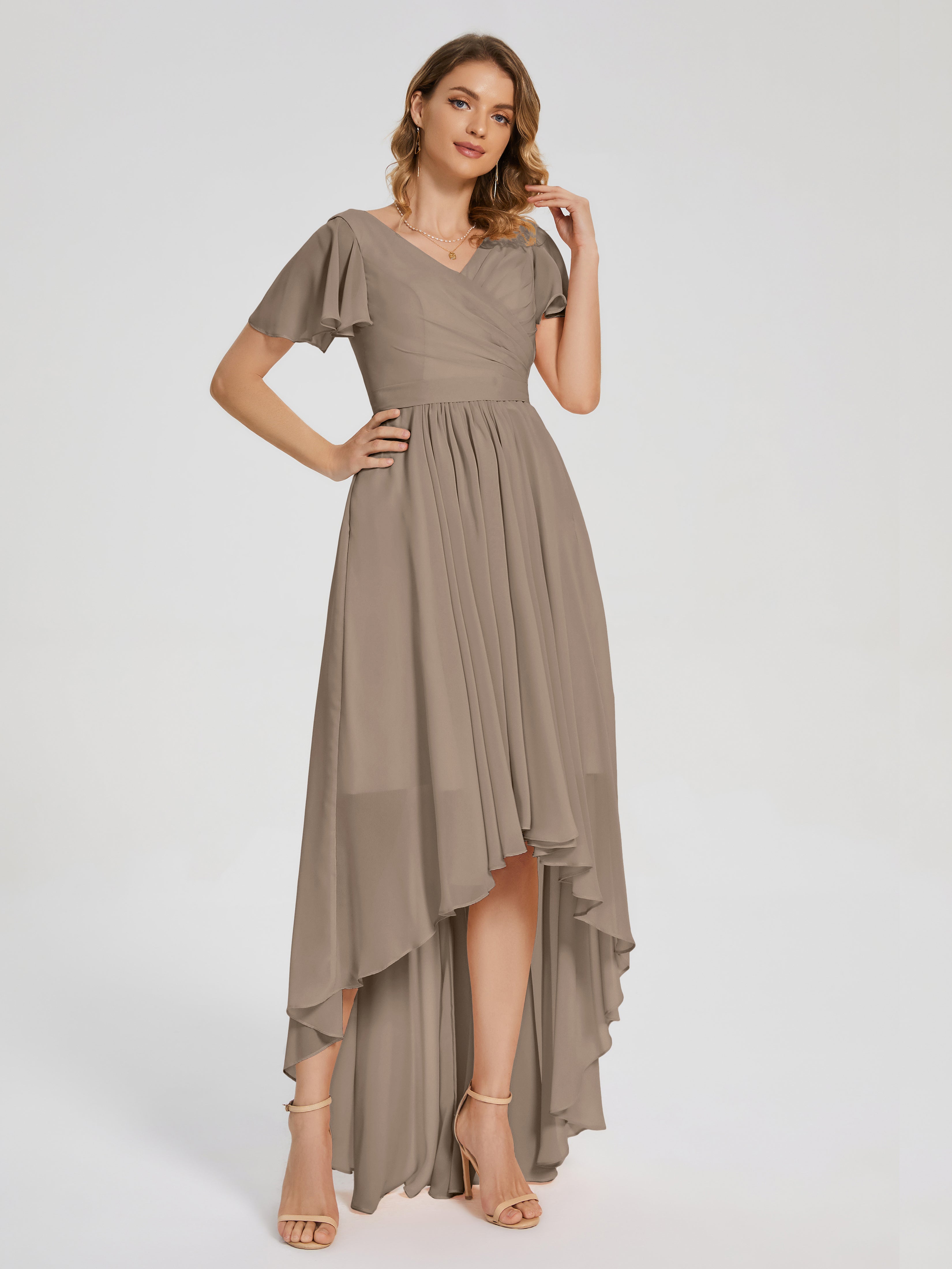 Robe Ceremonie Taupe Asymétrique Manches Courtes Mousseline Robes Demoiselle D'Honneur