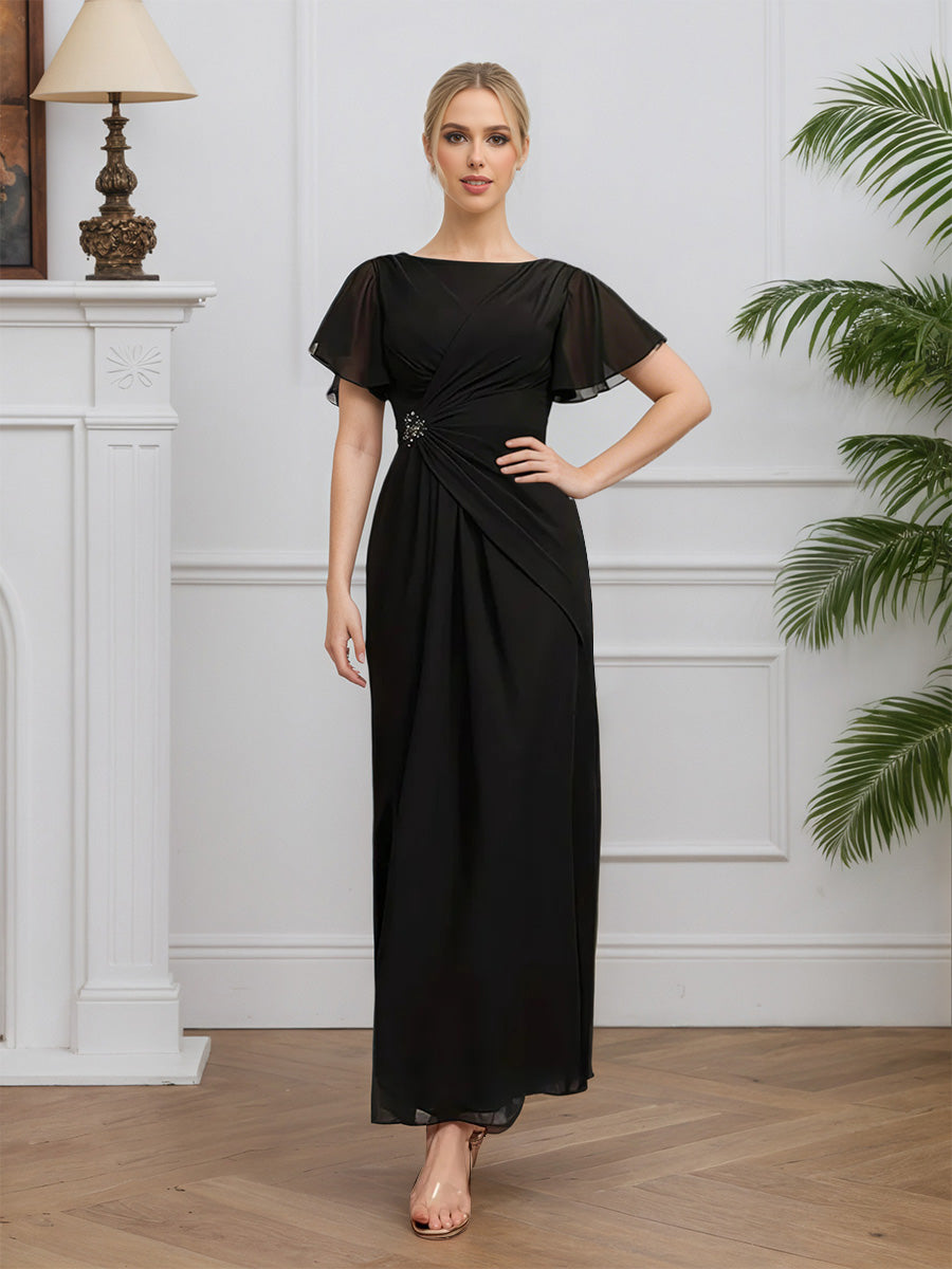 Cicinia Noir Robe pour Mère de la Mariée Longue en Mousseline Fourreau Manches Courtes Col Rond Longueur Sol