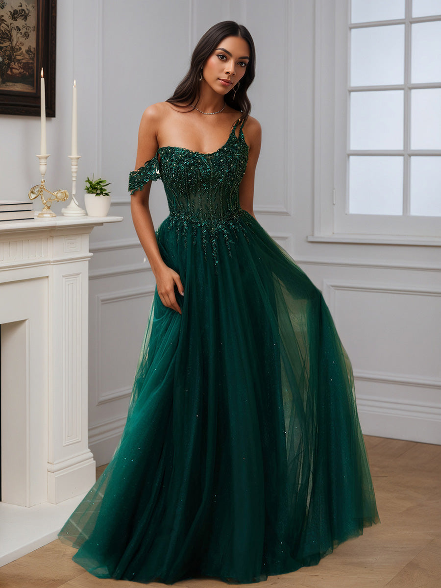 Cicinia Robe de Soirée de Gala VERT FONCE Longue en Tulle A-Line Seule-Épaule Perlé Élégante