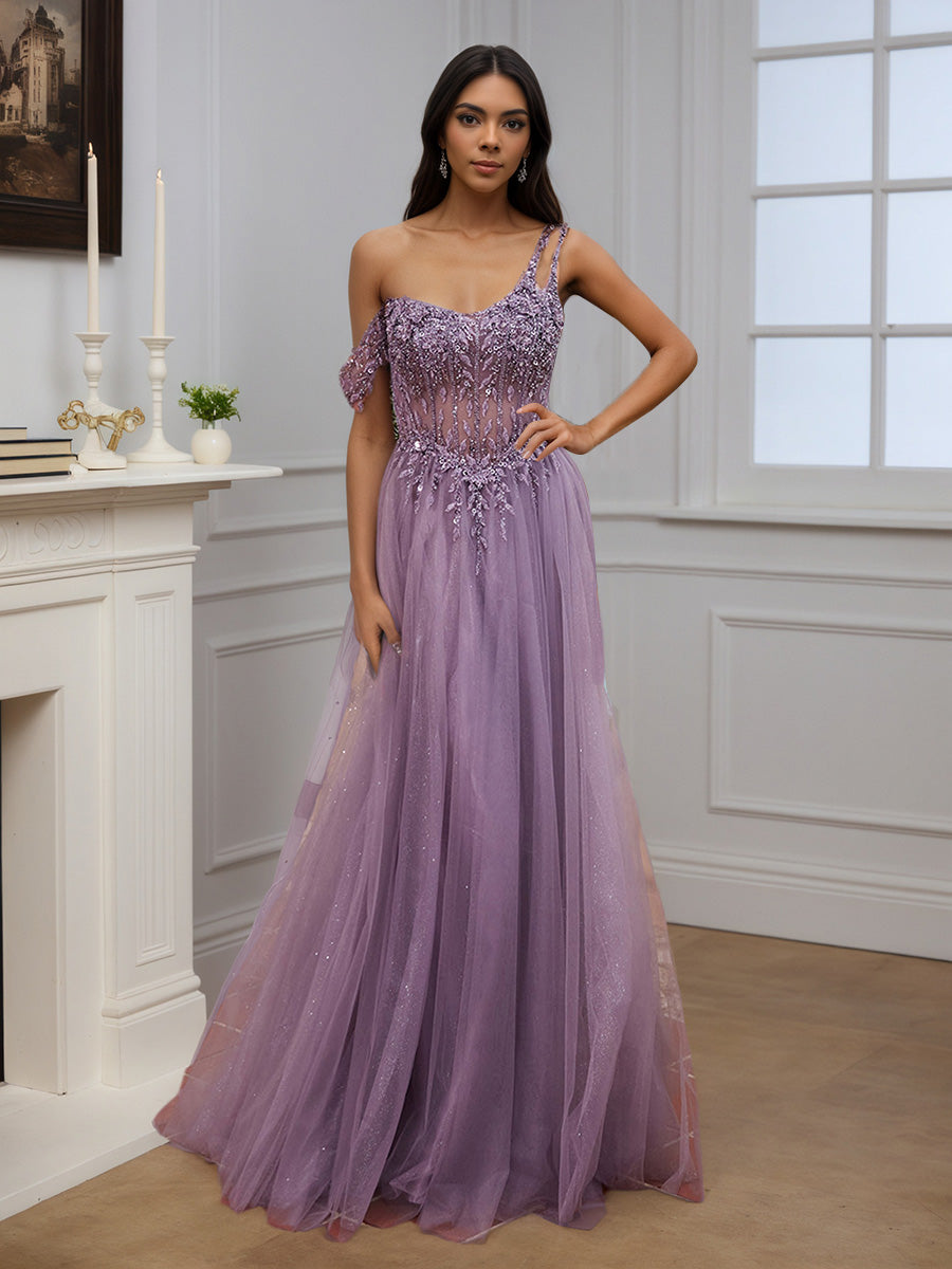 Cicinia Robe de Soirée de Gala Tahiti Longue en Tulle A-Line Seule-Épaule Perlé Élégante