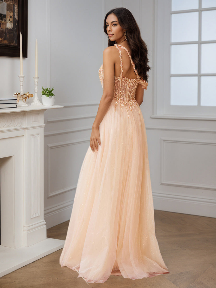 Cicinia Robe de Soirée de Gala PECHE Longue en Tulle A-Line Seule-Épaule Perlé Élégante