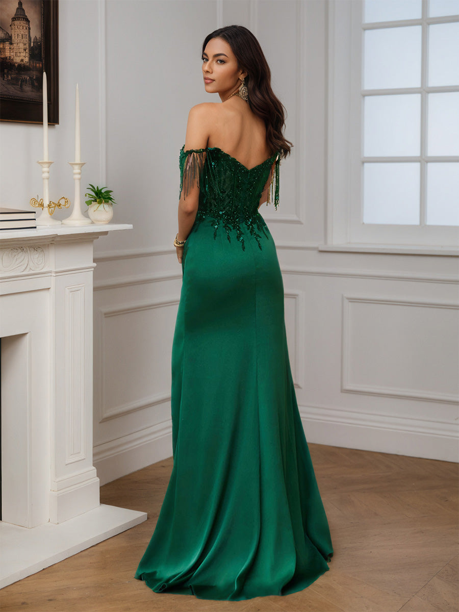 Cicinia Robe de Soirée Vert Longue Fourreau Épaules Dénudées Perlé Magnifique