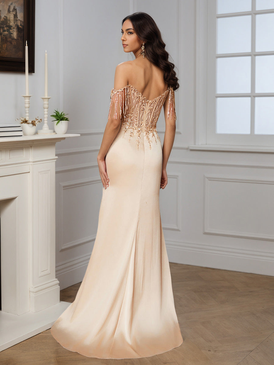 Cicinia Robe de Soirée Champagne Longue Fourreau Épaules Dénudées Perlé Magnifique