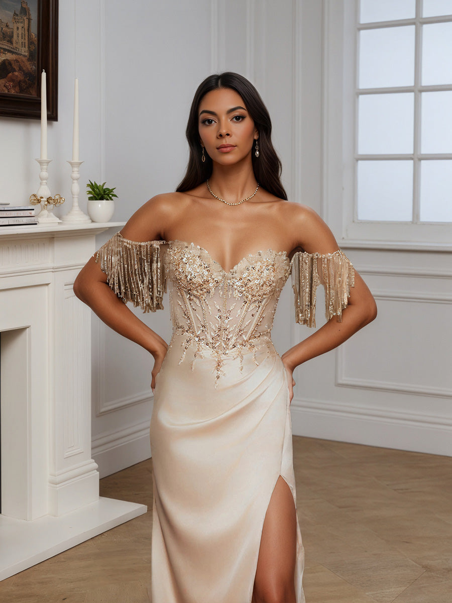 Cicinia Robe de Soirée Champagne Longue Fourreau Épaules Dénudées Perlé Magnifique