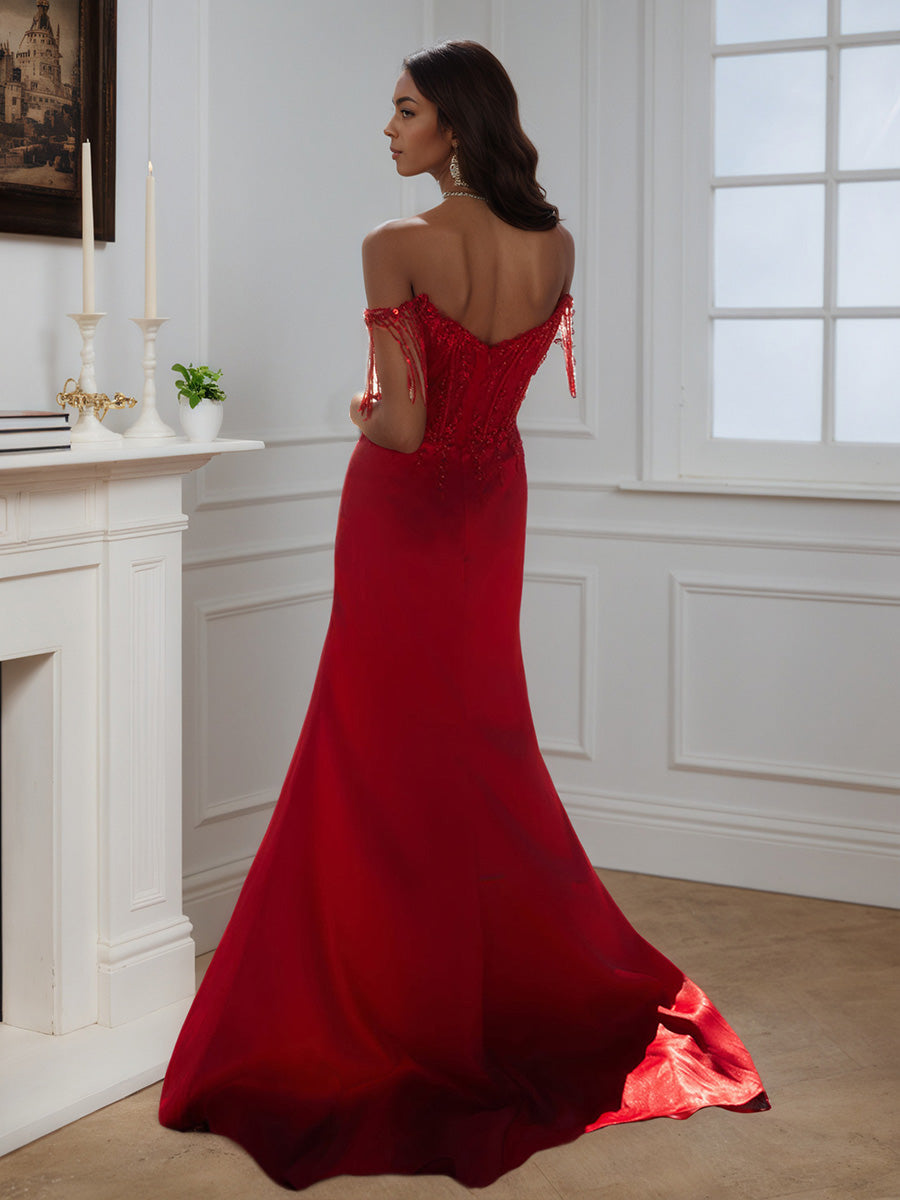 Cicinia Robe de Soirée Rouge Longue Fourreau Épaules Dénudées Perlé Magnifique