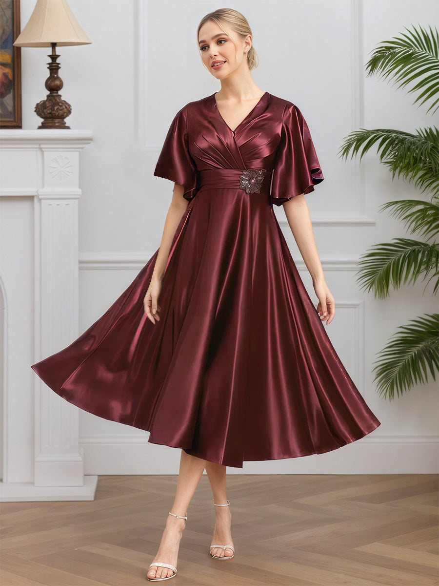 Cicinia Cabernet Robe pour Mère de la Mariée Longue en Satin Doux Décolleté en V A-Line Longueur Midi (Thé)