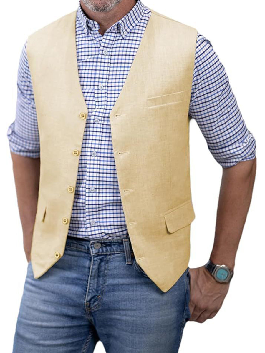Gilet Décontracté en CHAMPAGNE en Coton-Lin Respirant Minimalisme Élégant pour Homme