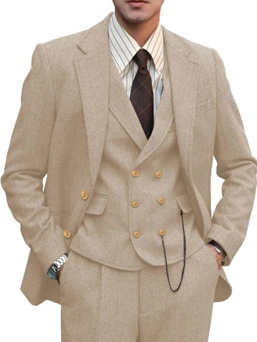Costume 3 Pièces en CHAMPAGNE Élégant à Motif Chevron Tenue Haut de Gamme pour le Marié et la Réception