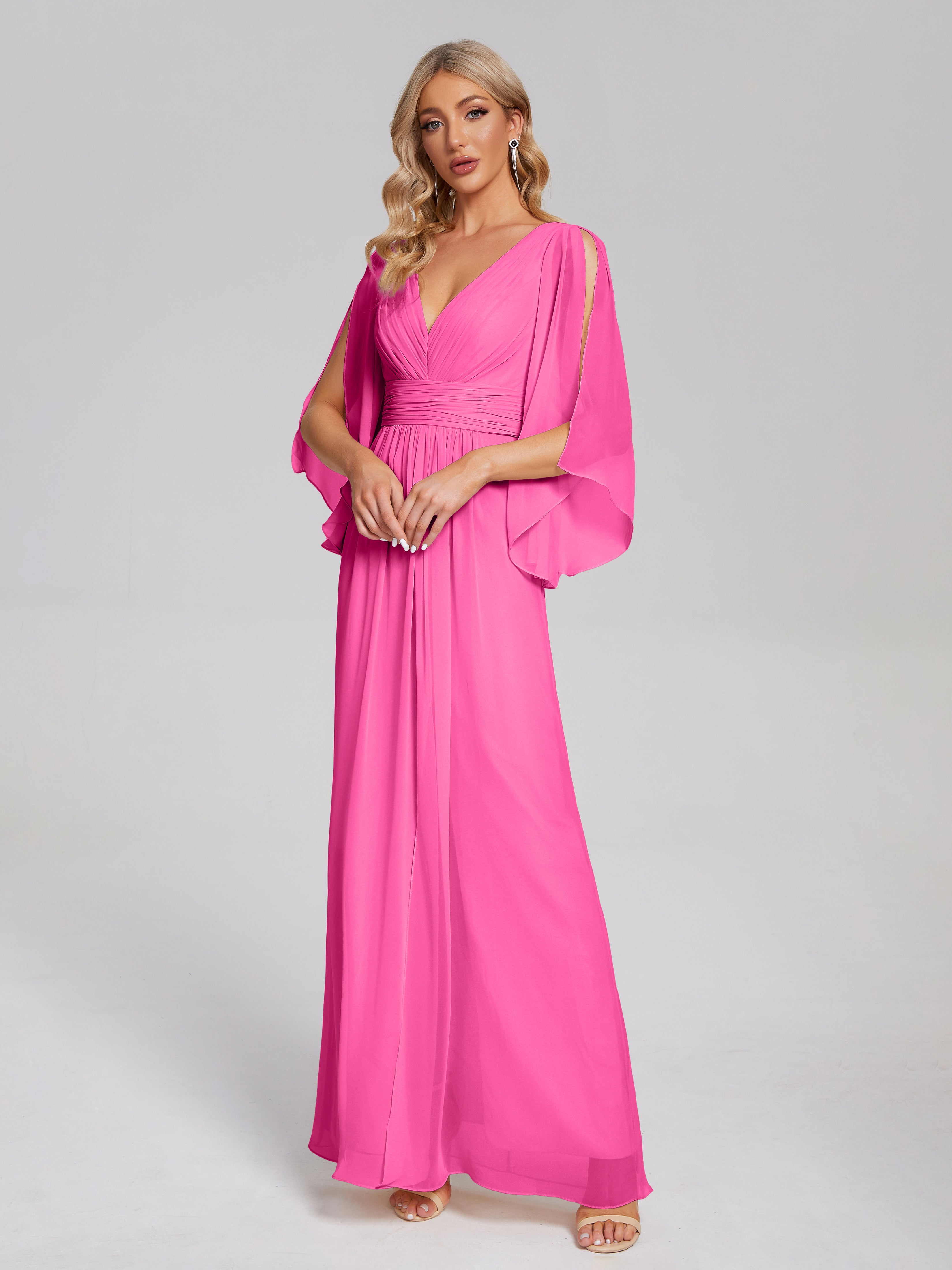 Robe Demoiselle D Honneur Azalée Demi Manches Col V Fendue Mousseline Robes Demoiselle D'Honneur