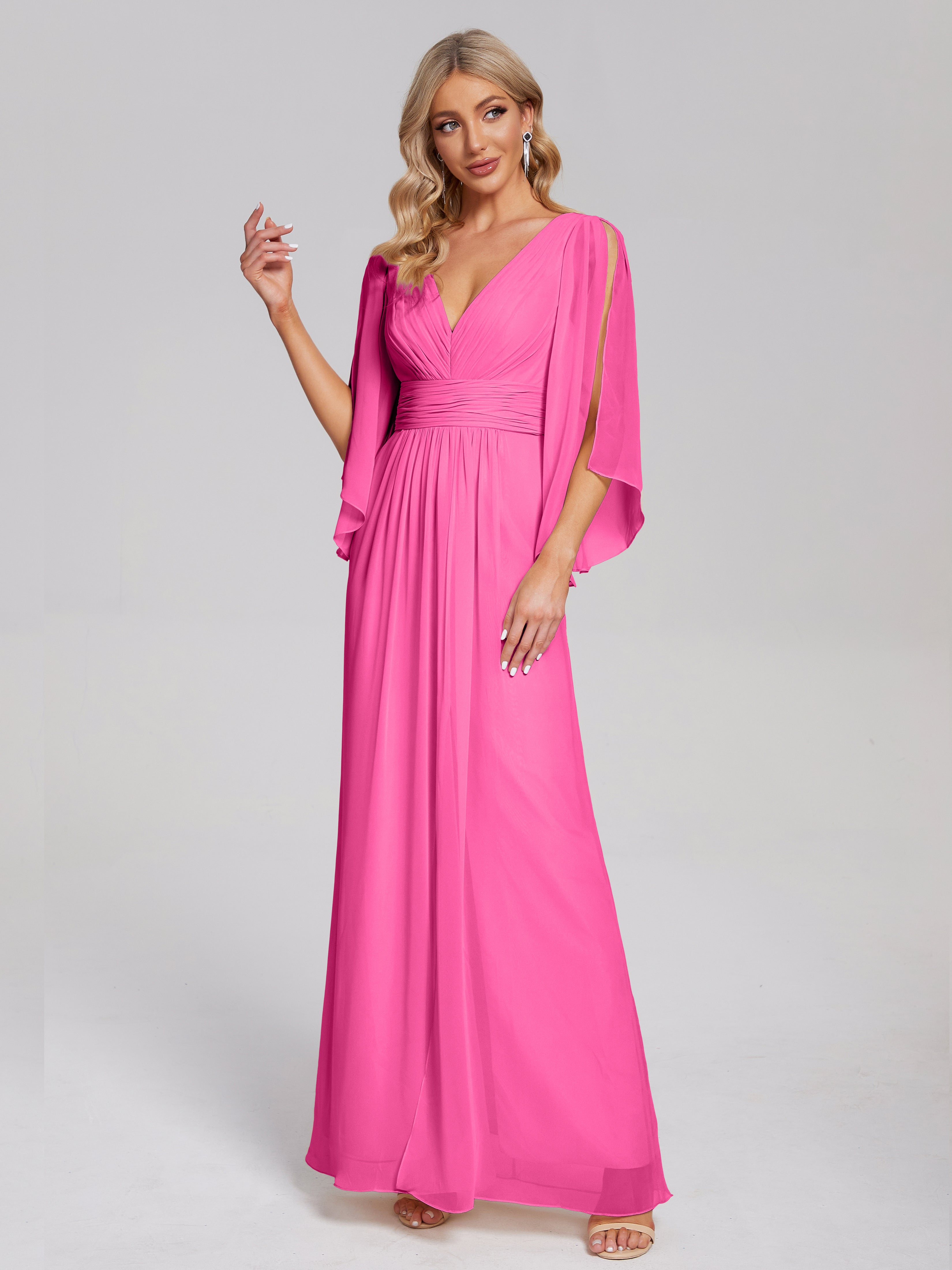 Robe Demoiselle D Honneur Azalée Demi Manches Col V Fendue Mousseline Robes Demoiselle D'Honneur