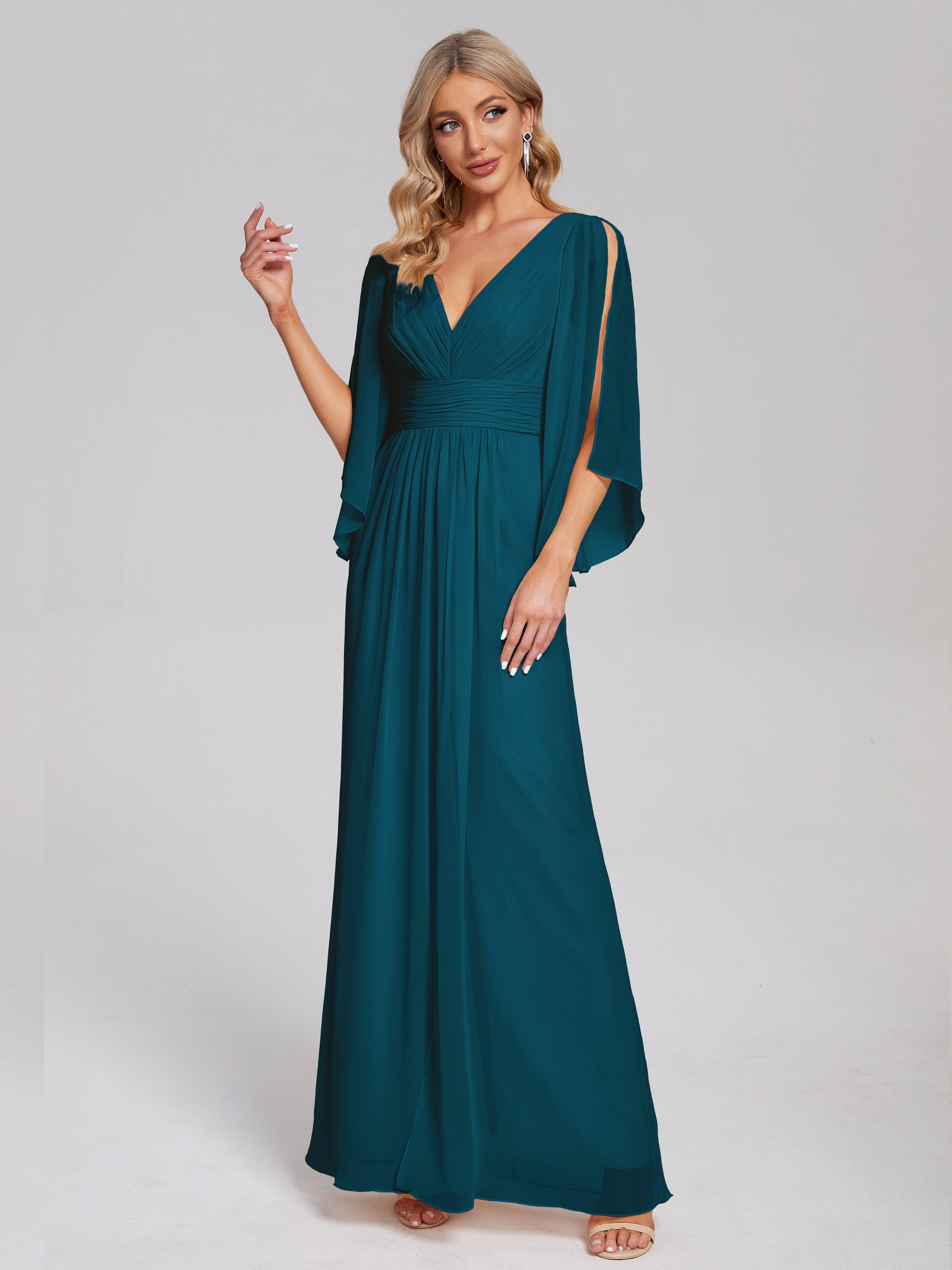 Robe De Demoiselle D'Honneur Bleu Encre Demi Manches Col V Fendue Mousseline Robes Demoiselle D'Honneur