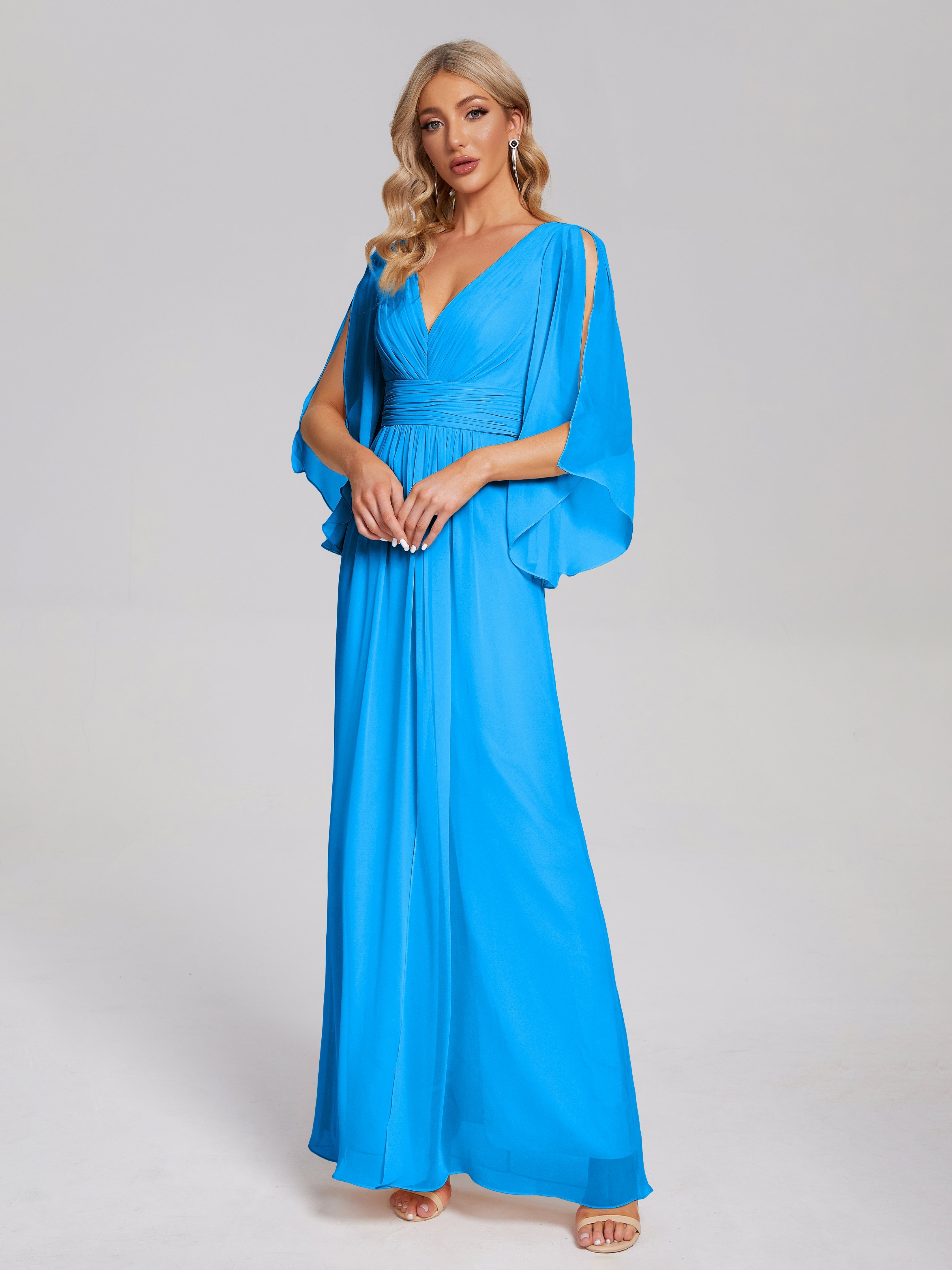 Robes De Demoiselle D'Honneur Bleu Océan Demi Manches Col V Fendue Mousseline Robes Demoiselle D'Honneur
