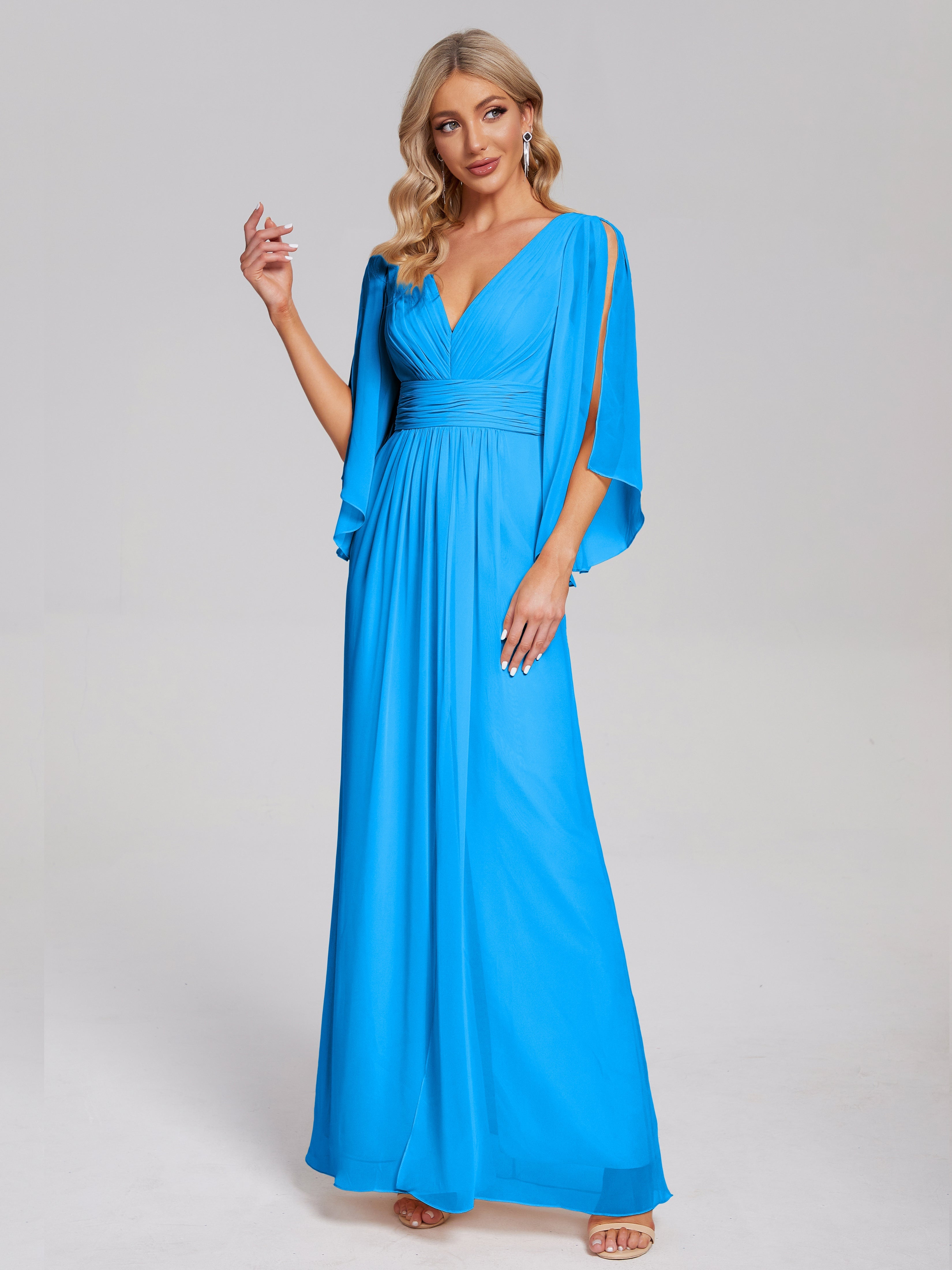 Robes De Demoiselle D'Honneur Bleu Océan Demi Manches Col V Fendue Mousseline Robes Demoiselle D'Honneur
