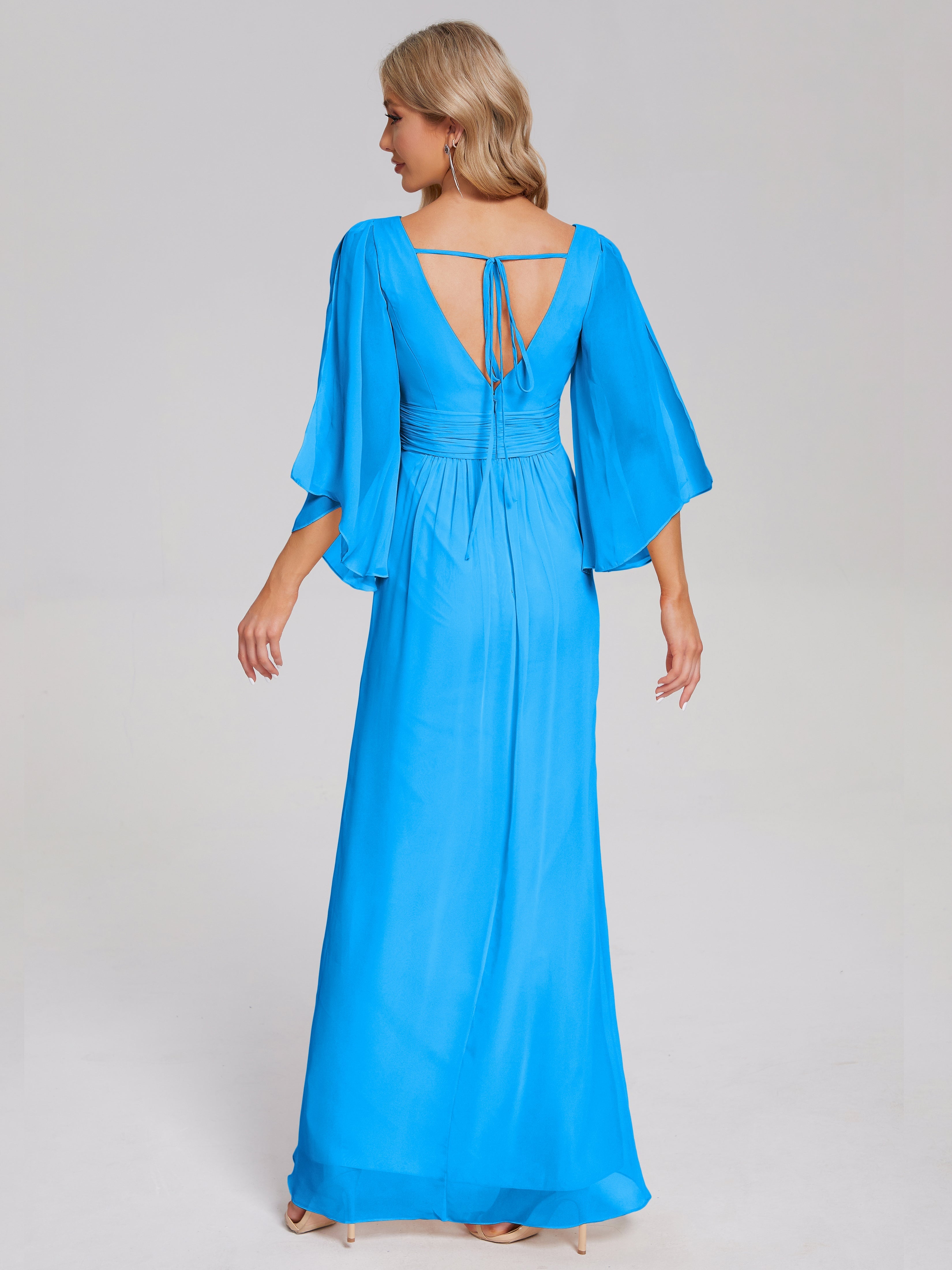 Robes De Demoiselle D'Honneur Bleu Océan Demi Manches Col V Fendue Mousseline Robes Demoiselle D'Honneur