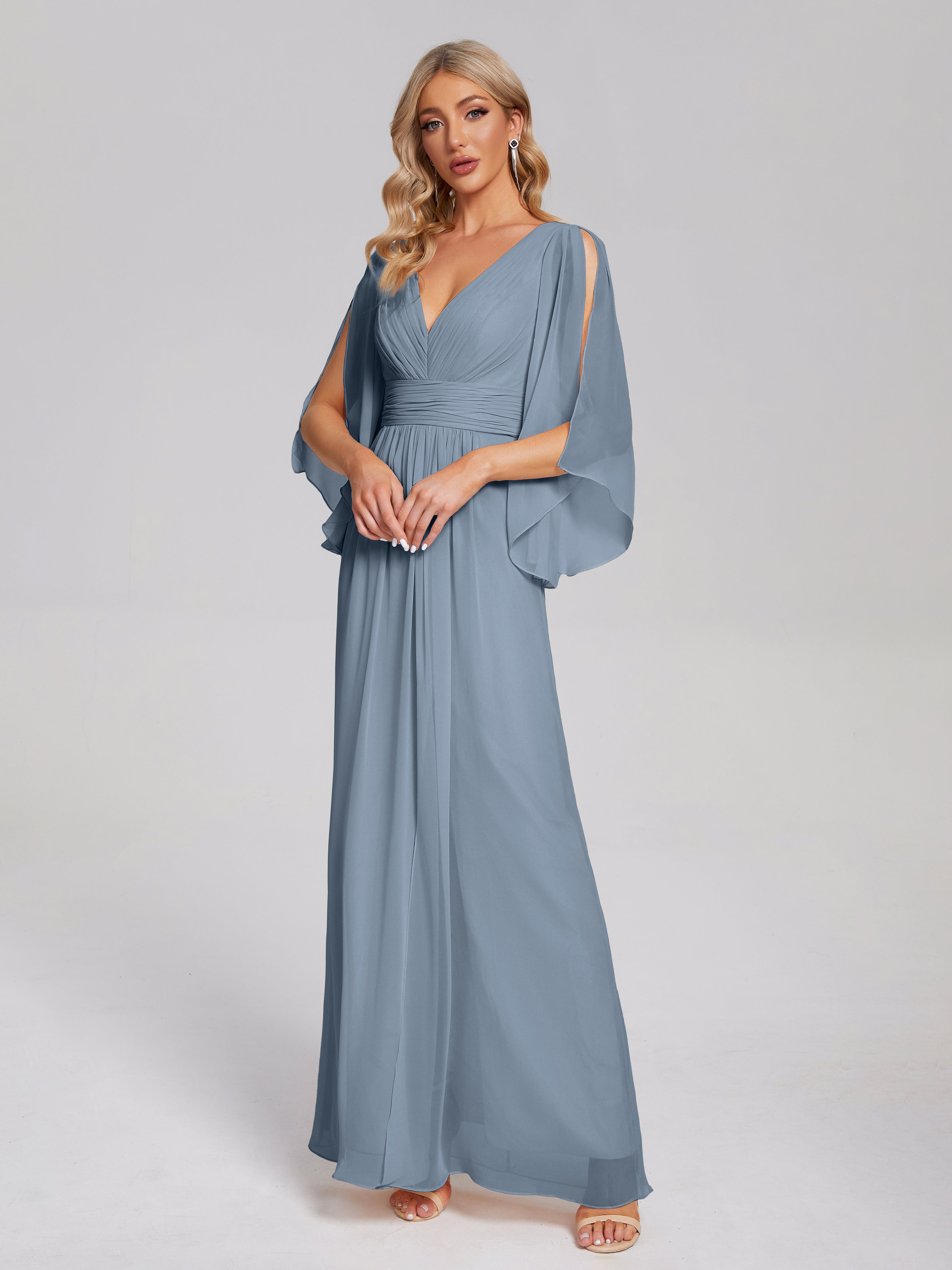 Robes De Demoiselle D'Honneur Bleu Gris Demi Manches Col V Fendue Mousseline Robes Demoiselle D'Honneur