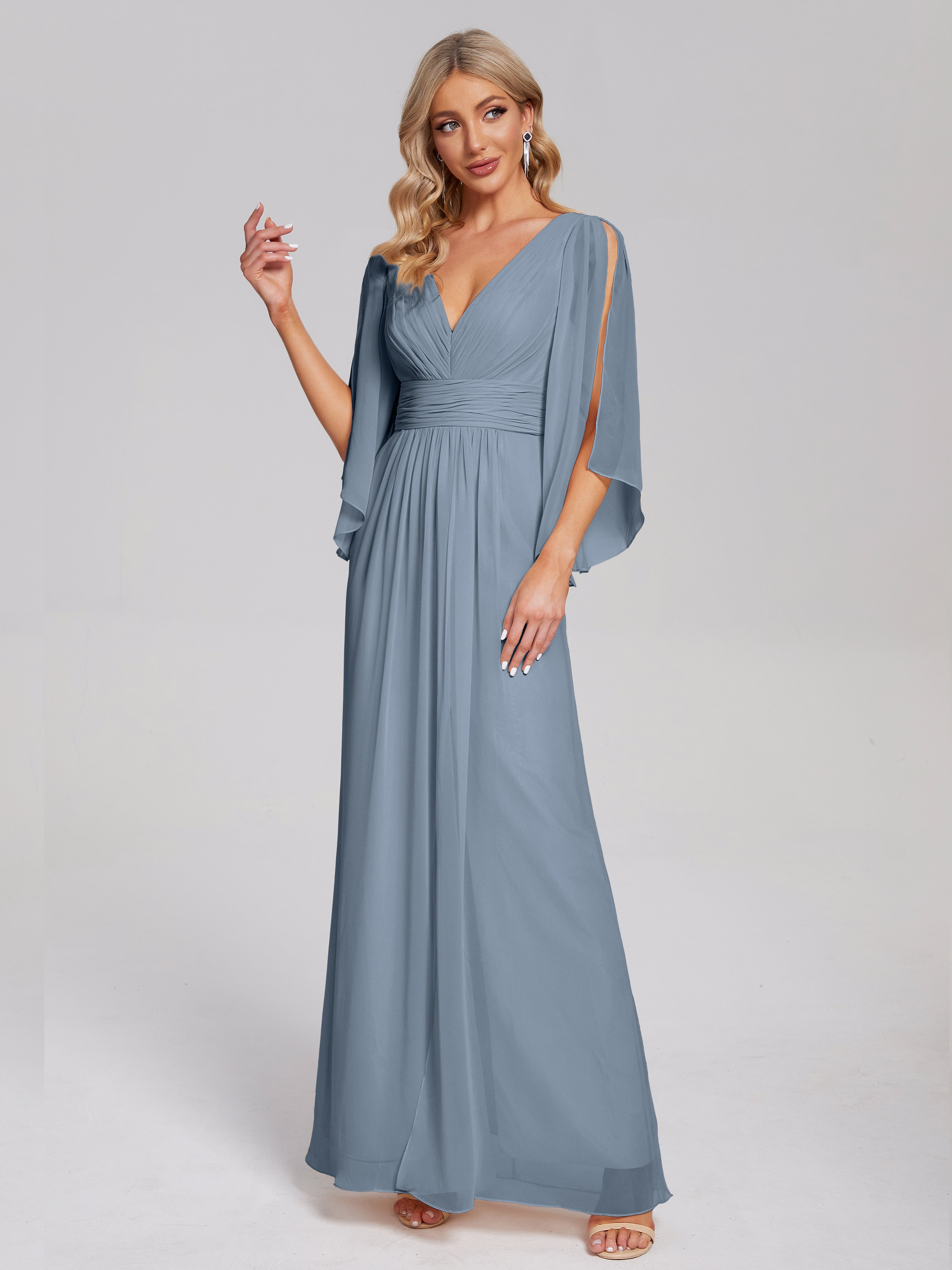 Robes De Demoiselle D'Honneur Bleu Gris Demi Manches Col V Fendue Mousseline Robes Demoiselle D'Honneur