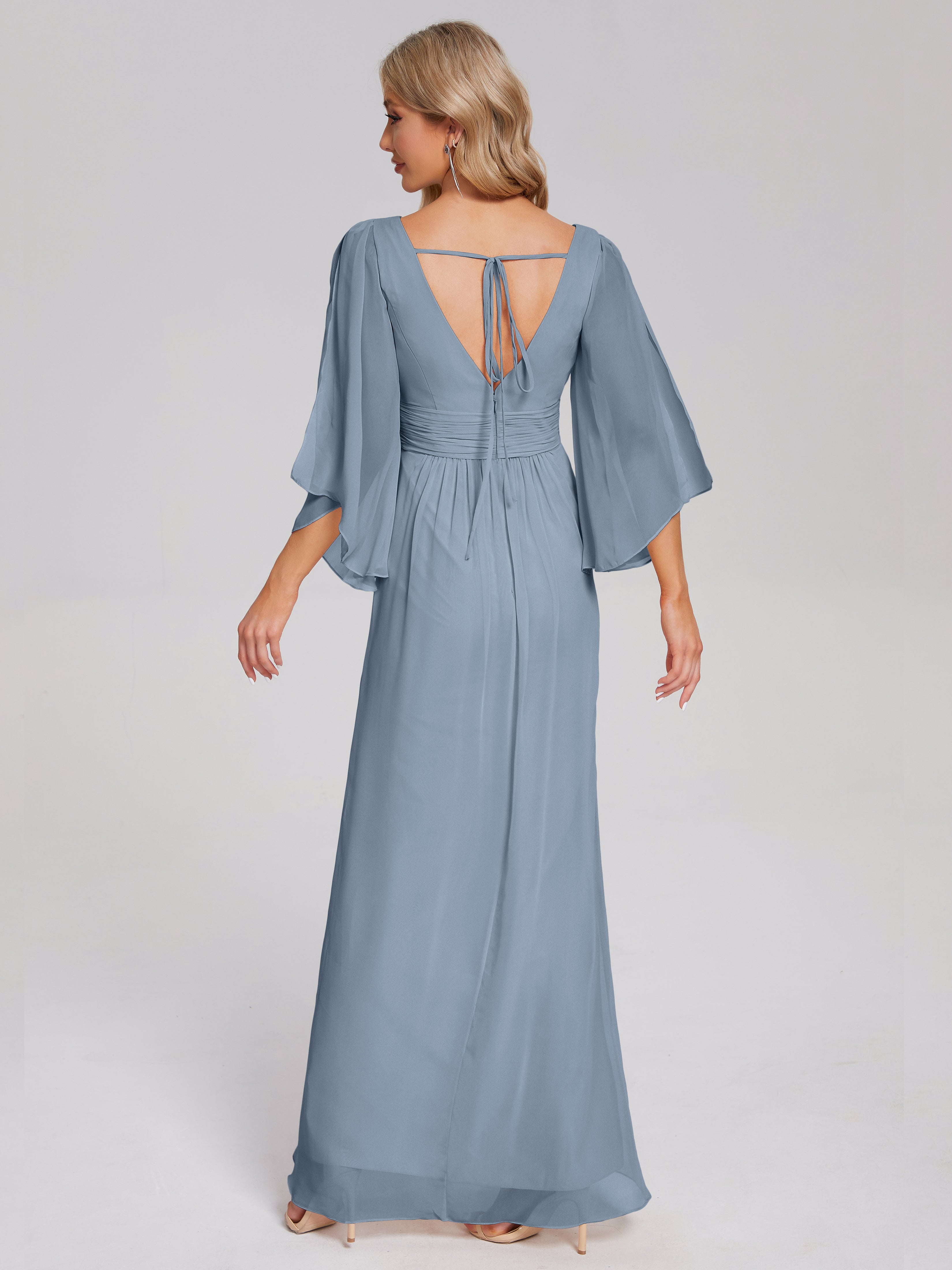 Robes De Demoiselle D'Honneur Bleu Gris Demi Manches Col V Fendue Mousseline Robes Demoiselle D'Honneur