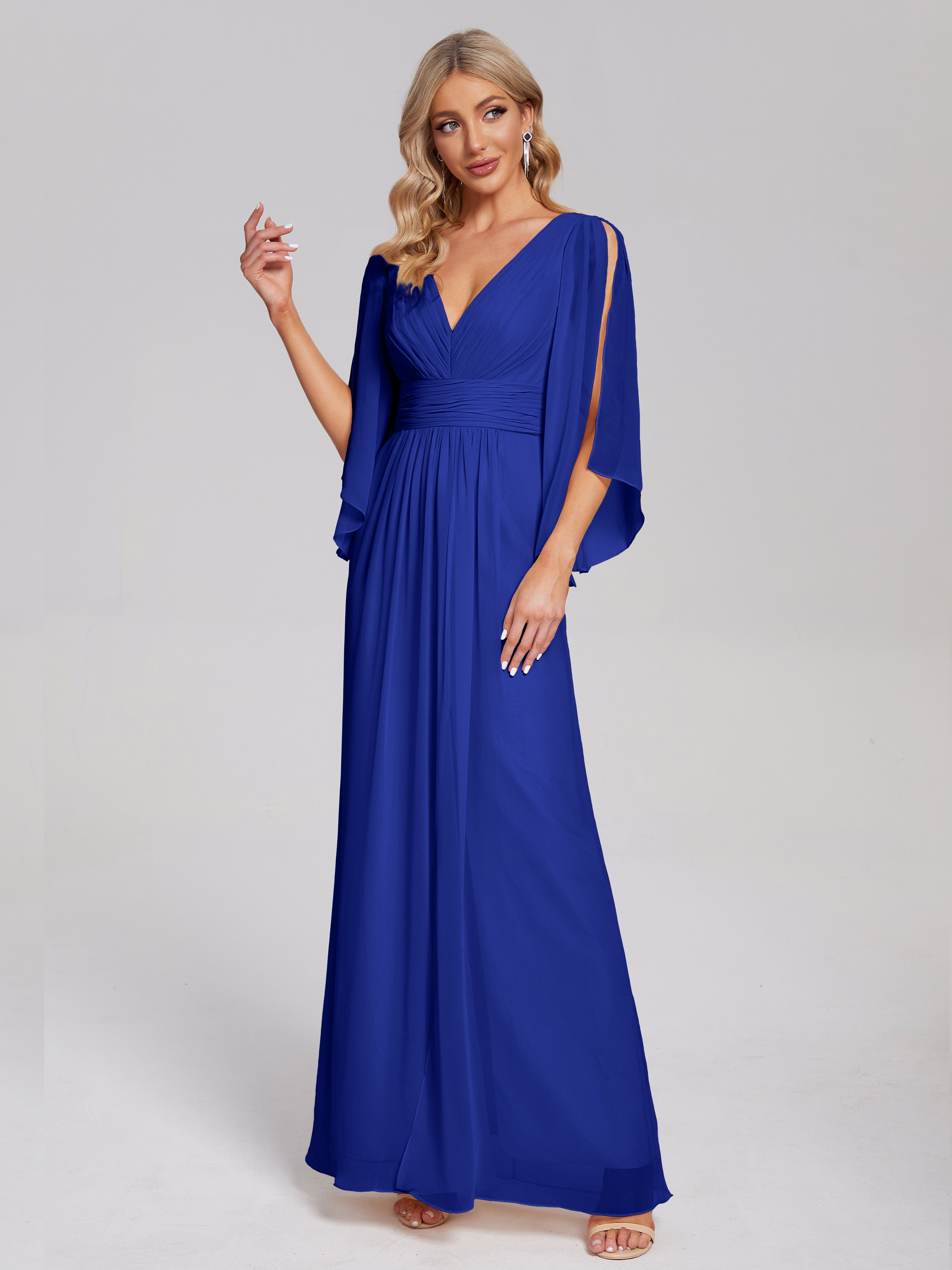 Mariage Robe Demoiselle D Honneur Bleu Roi Demi Manches Col V Fendue Mousseline Robes Demoiselle D'Honneur