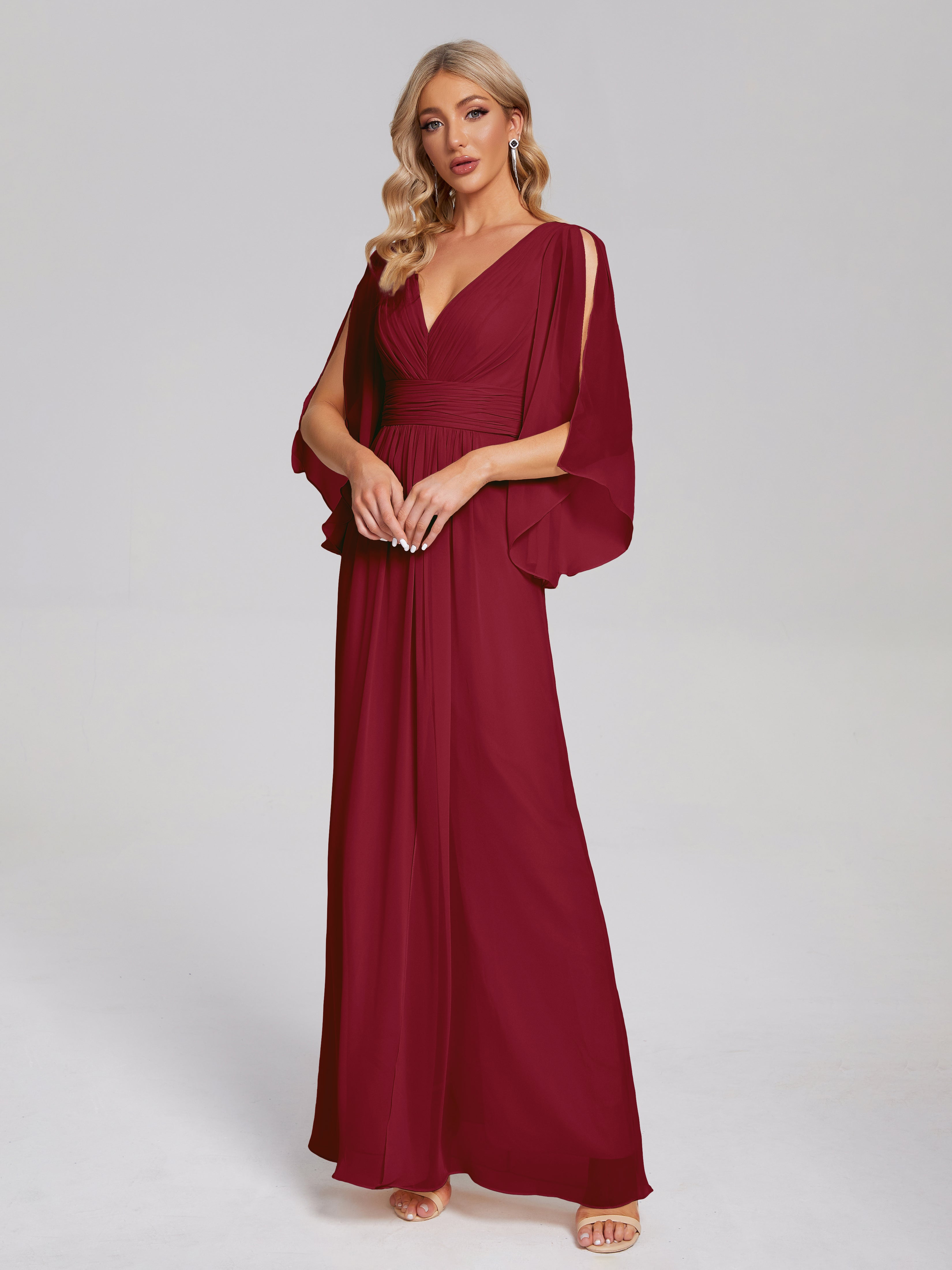 Robe Demoiselle Dhonneur Bordeaux Demi Manches Col V Fendue Mousseline Robes Demoiselle D'Honneur