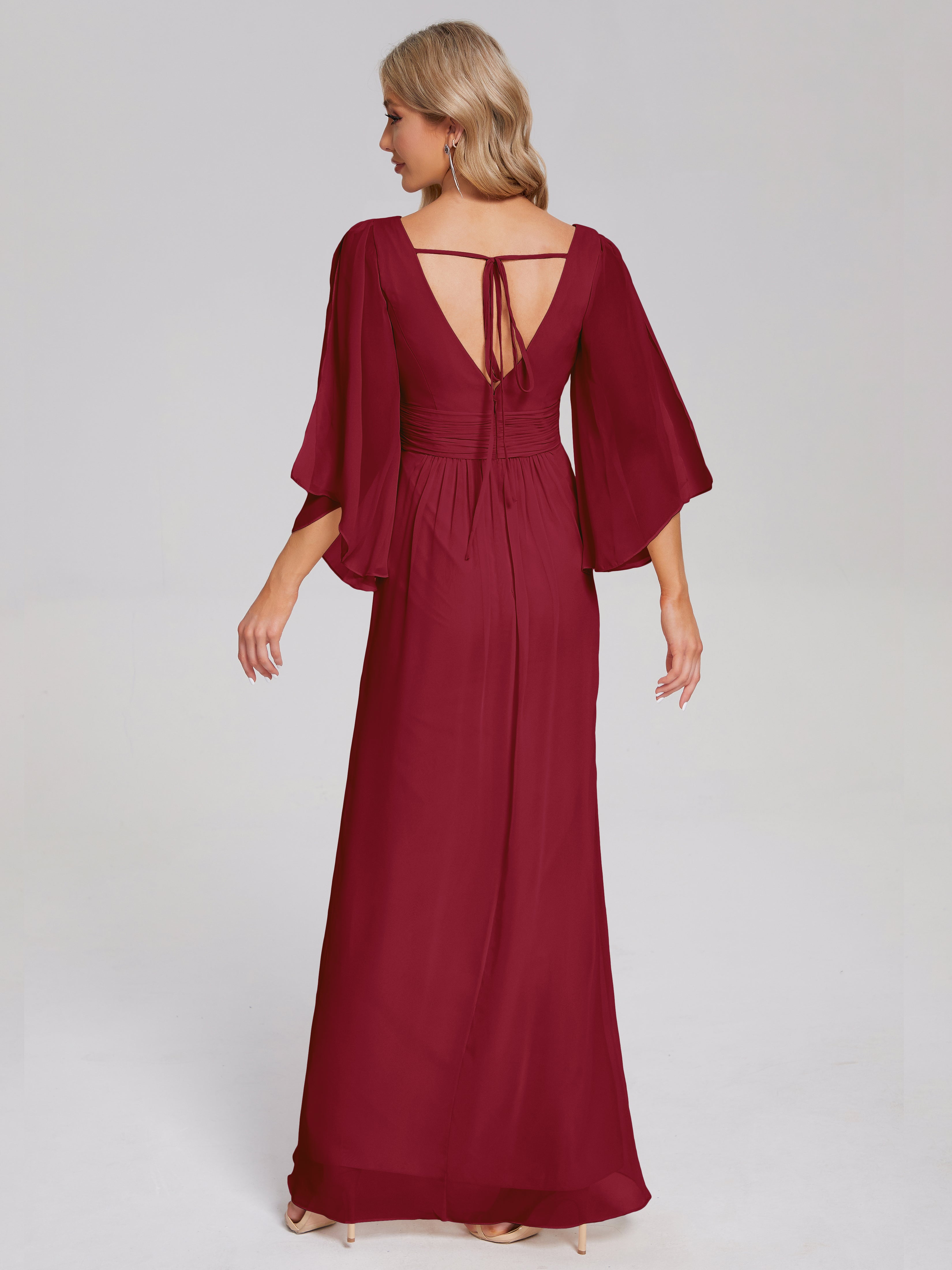 Robe Demoiselle Dhonneur Bordeaux Demi Manches Col V Fendue Mousseline Robes Demoiselle D'Honneur