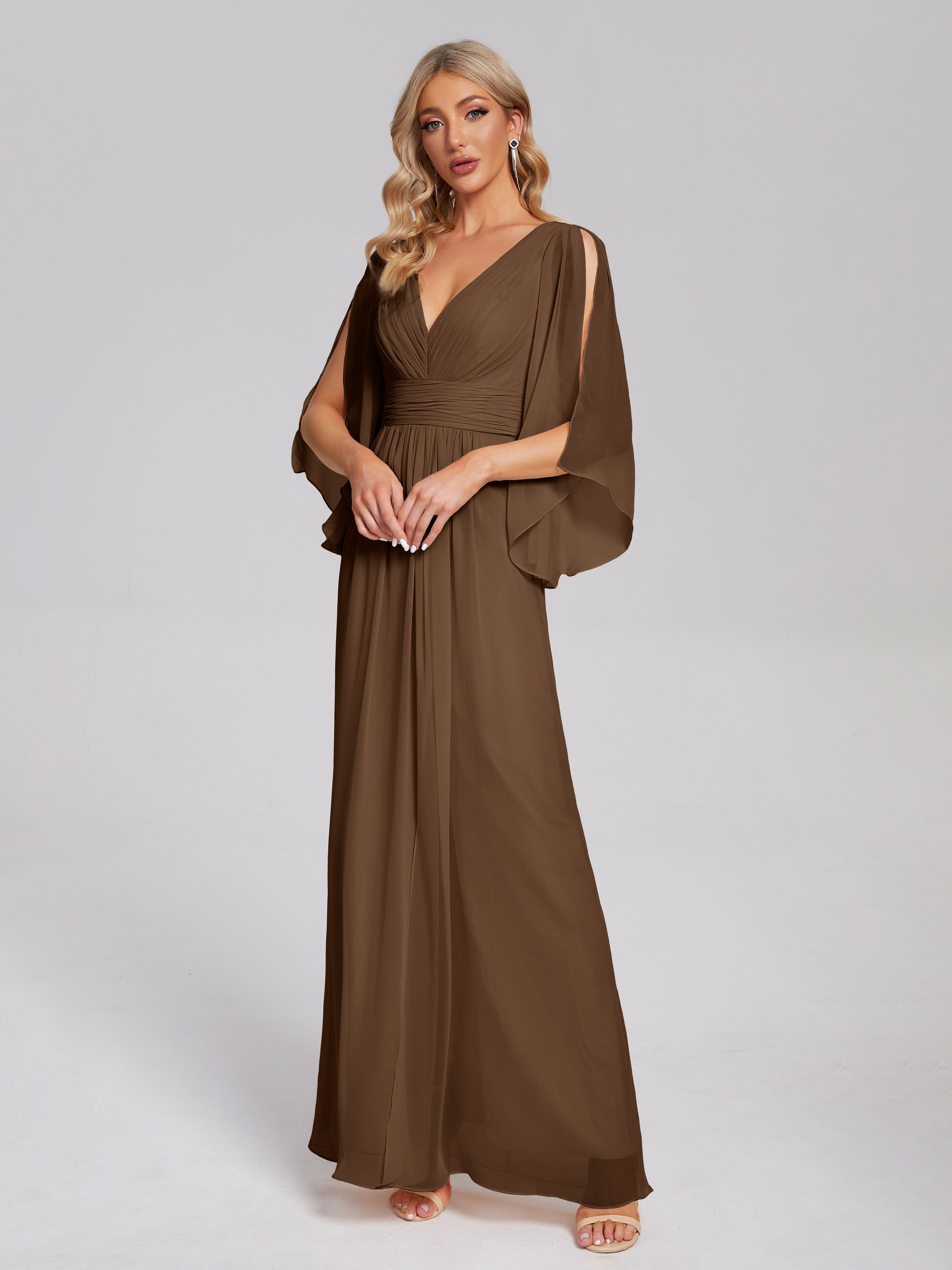 Robes De Demoiselle D'Honneur Brun Demi Manches Col V Fendue Mousseline Robes Demoiselle D'Honneur