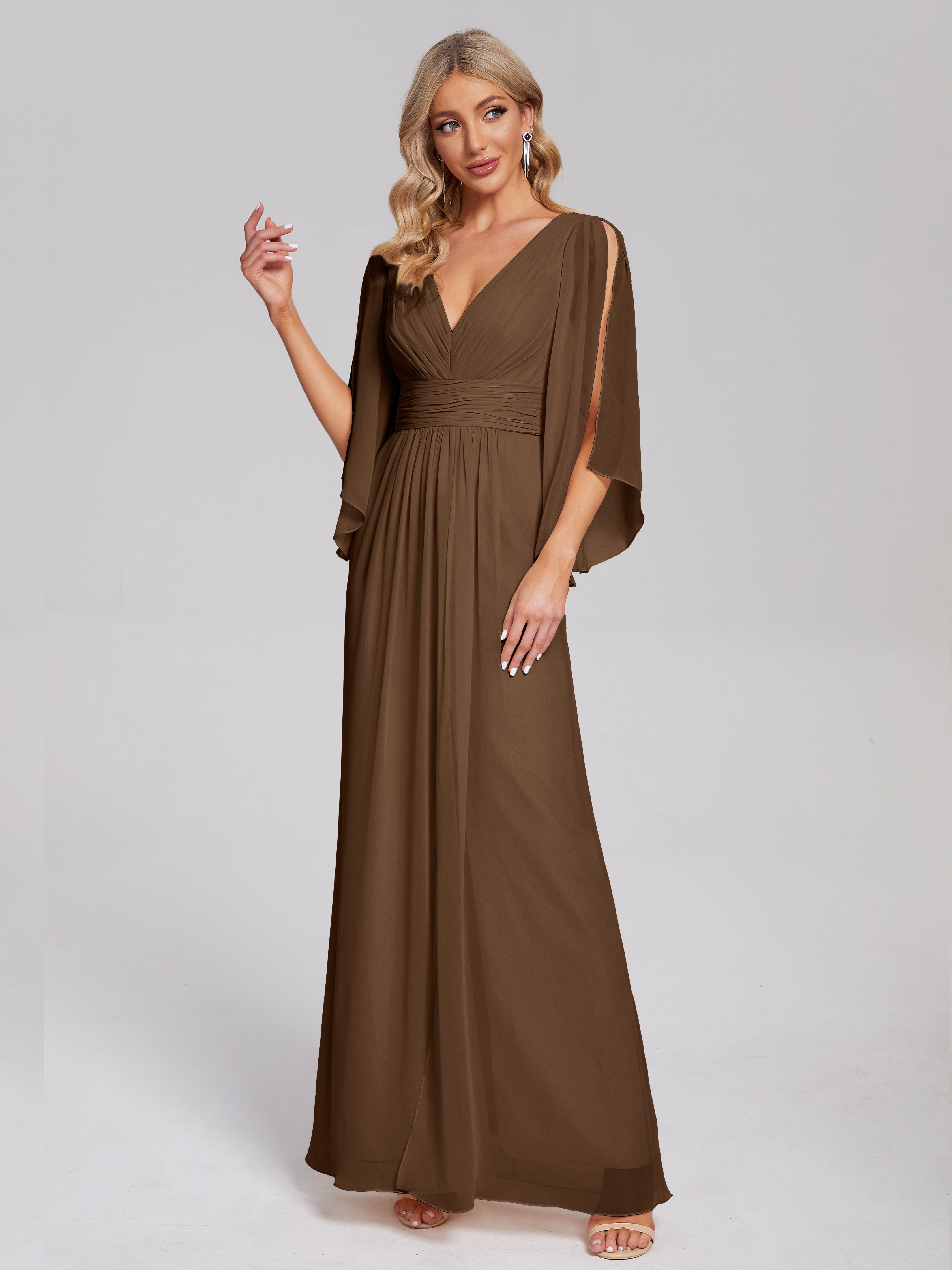 Robes De Demoiselle D'Honneur Brun Demi Manches Col V Fendue Mousseline Robes Demoiselle D'Honneur