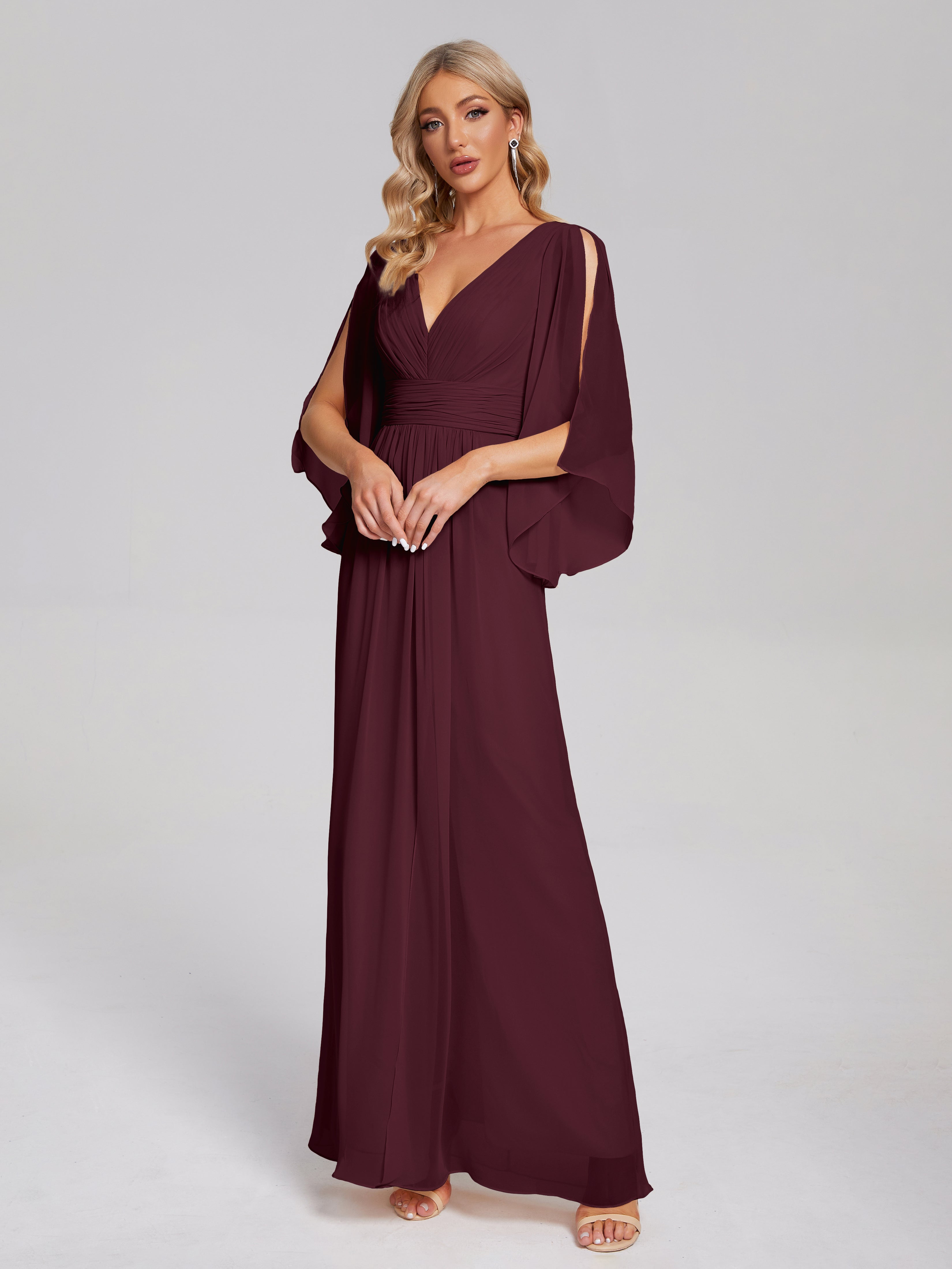 Robes De Demoiselle D'Honneur Cabernet Demi Manches Col V Fendue Mousseline Robes Demoiselle D'Honneur