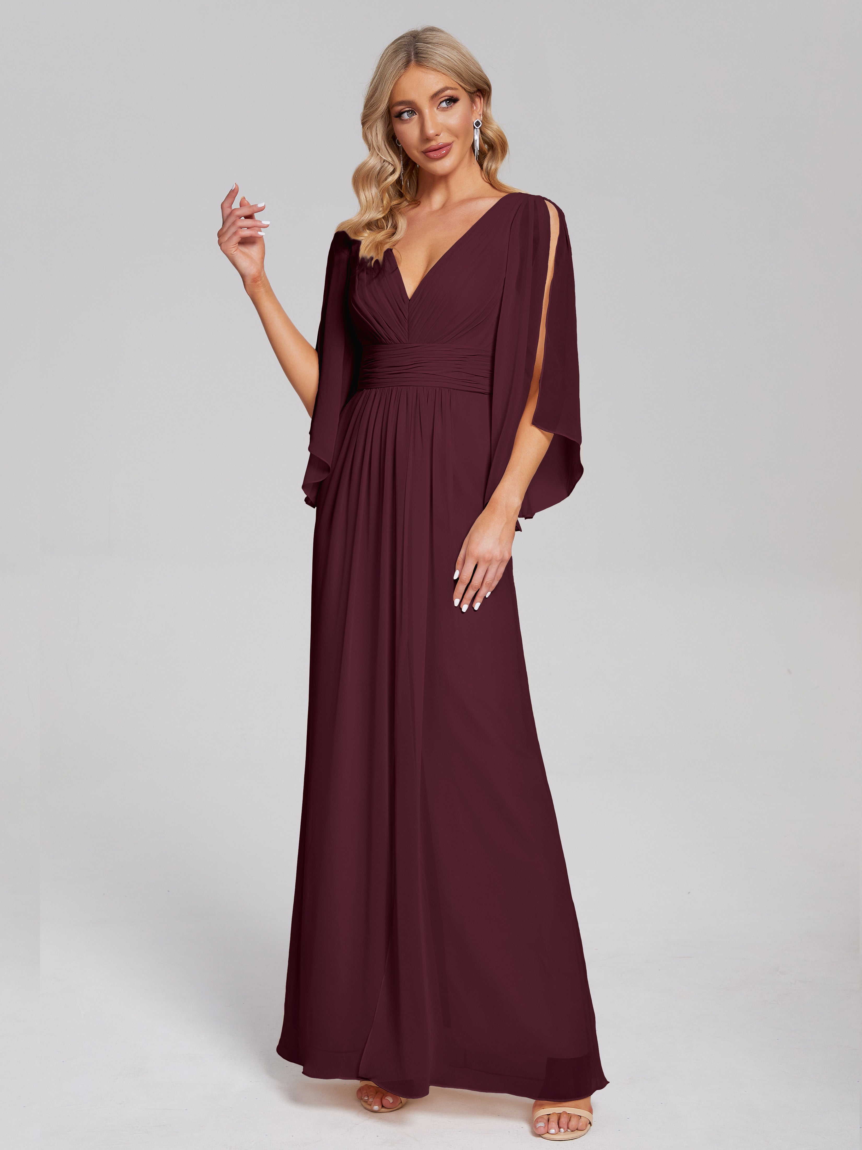 Robes De Demoiselle D'Honneur Cabernet Demi Manches Col V Fendue Mousseline Robes Demoiselle D'Honneur
