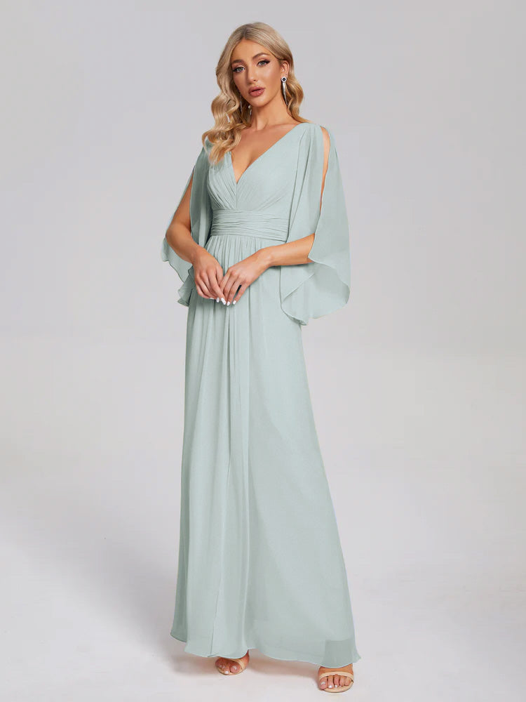 Robes De Demoiselle D'Honneur Celadon Demi Manches Col V Fendue Mousseline Robes Demoiselle D'Honneur