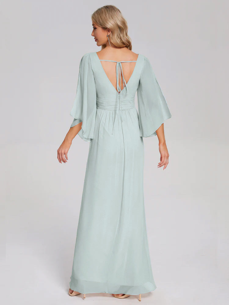 Robes De Demoiselle D'Honneur Celadon Demi Manches Col V Fendue Mousseline Robes Demoiselle D'Honneur