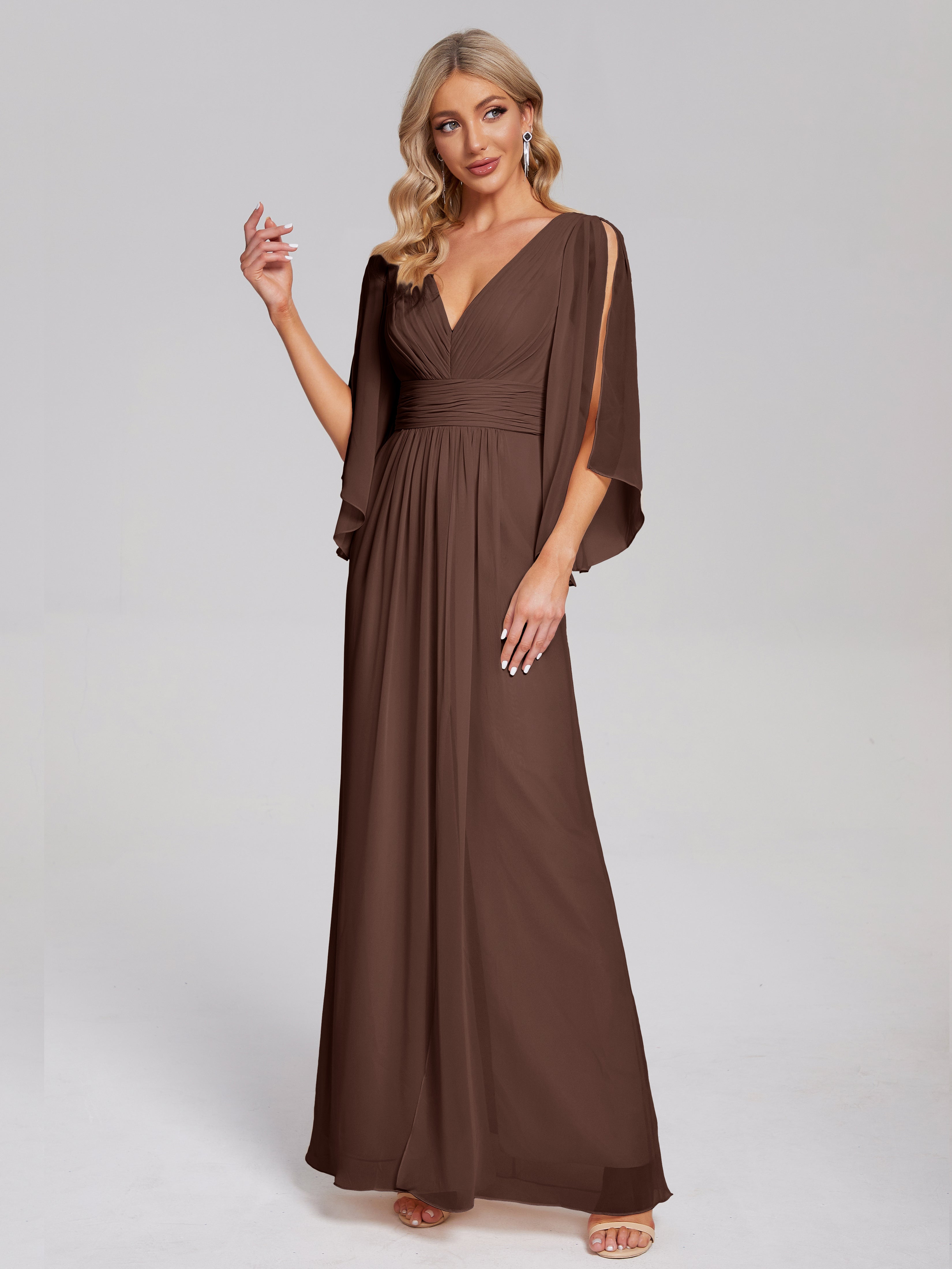 Robes De Demoiselle D'Honneur En Chocolat Demi Manches Col V Fendue Mousseline Robes Demoiselle D'Honneur