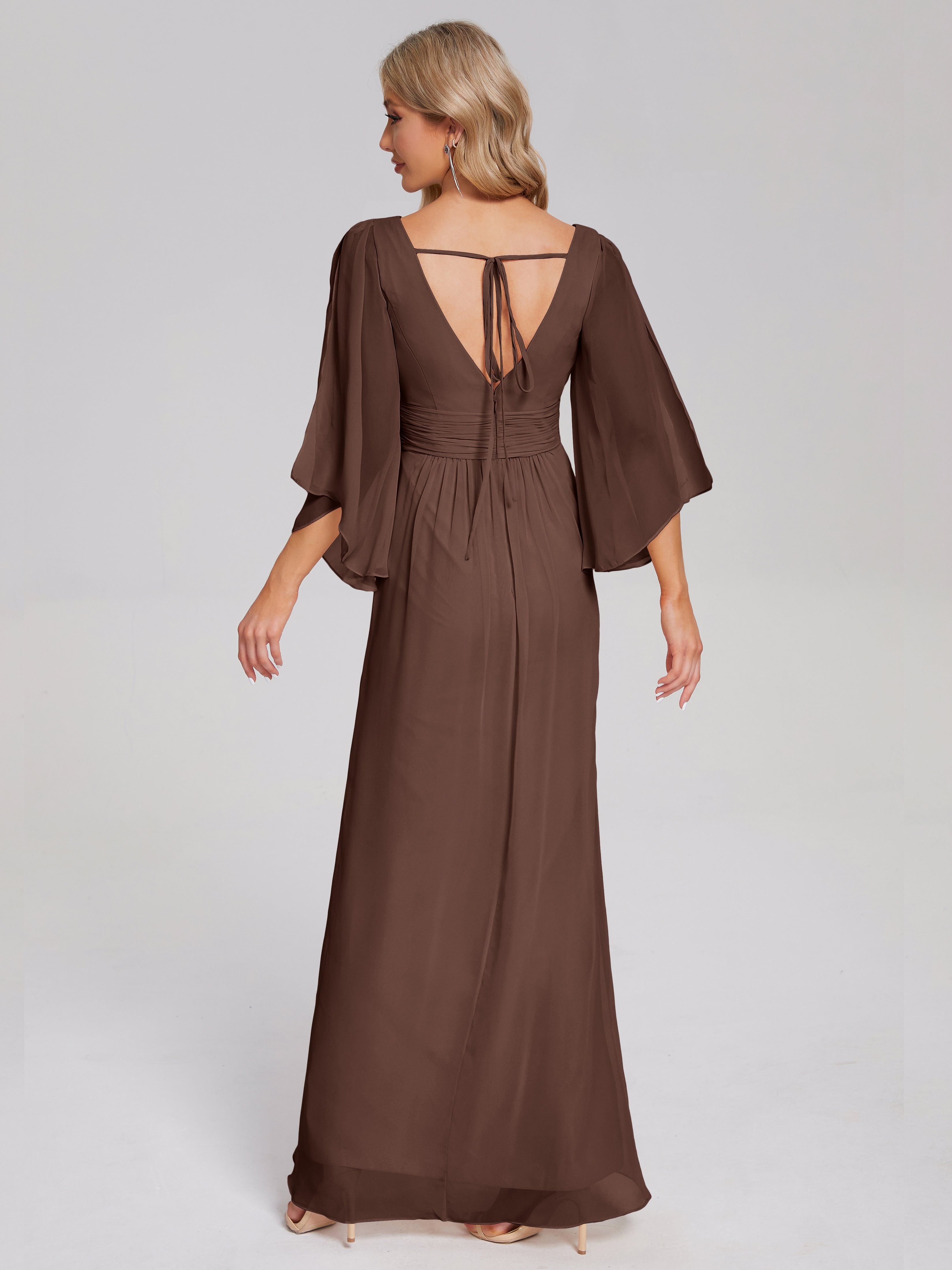 Robes De Demoiselle D'Honneur En Chocolat Demi Manches Col V Fendue Mousseline Robes Demoiselle D'Honneur
