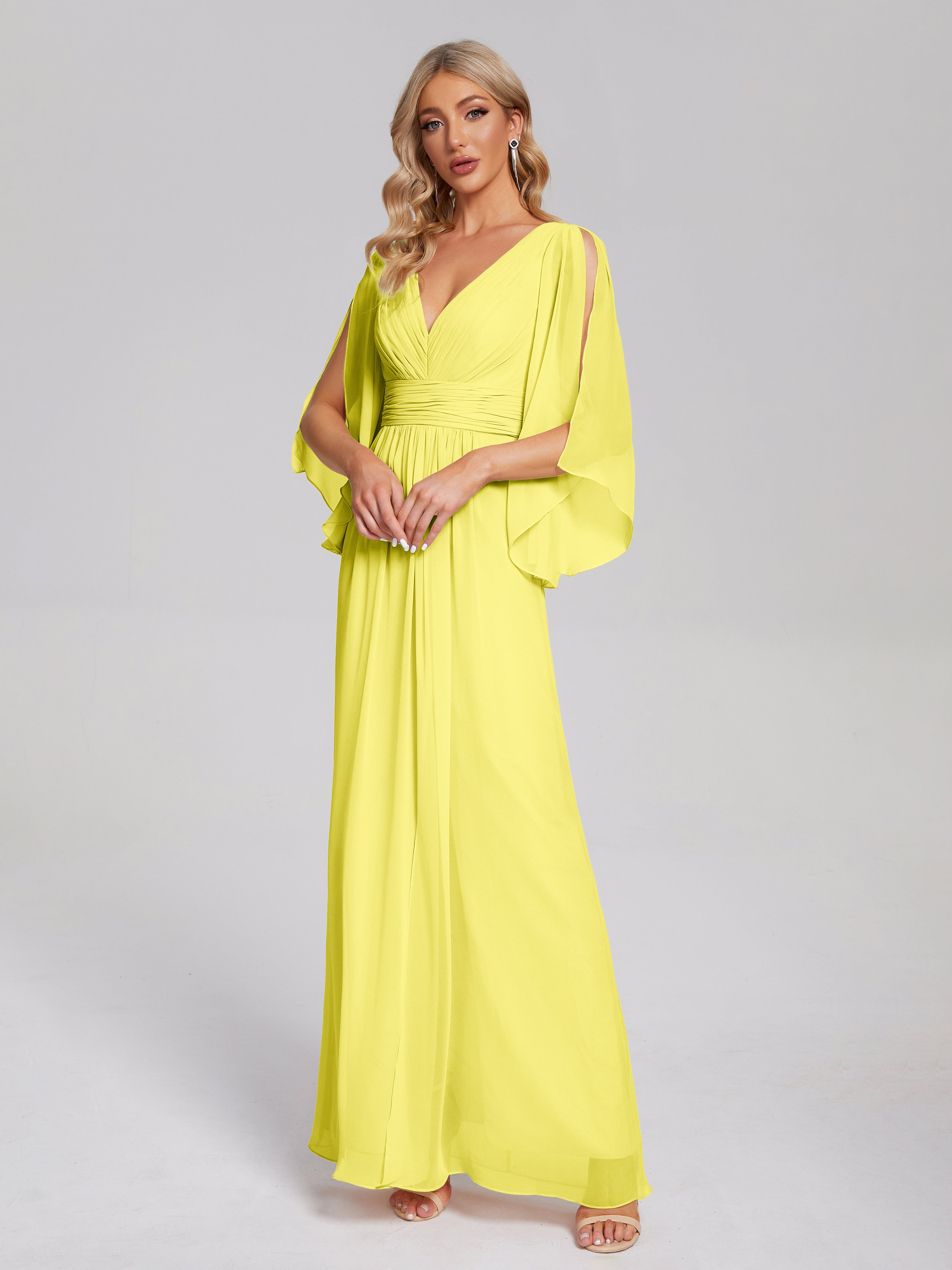 Robes De Demoiselle D'Honneur Citron Demi Manches Col V Fendue Mousseline Robes Demoiselle D'Honneur