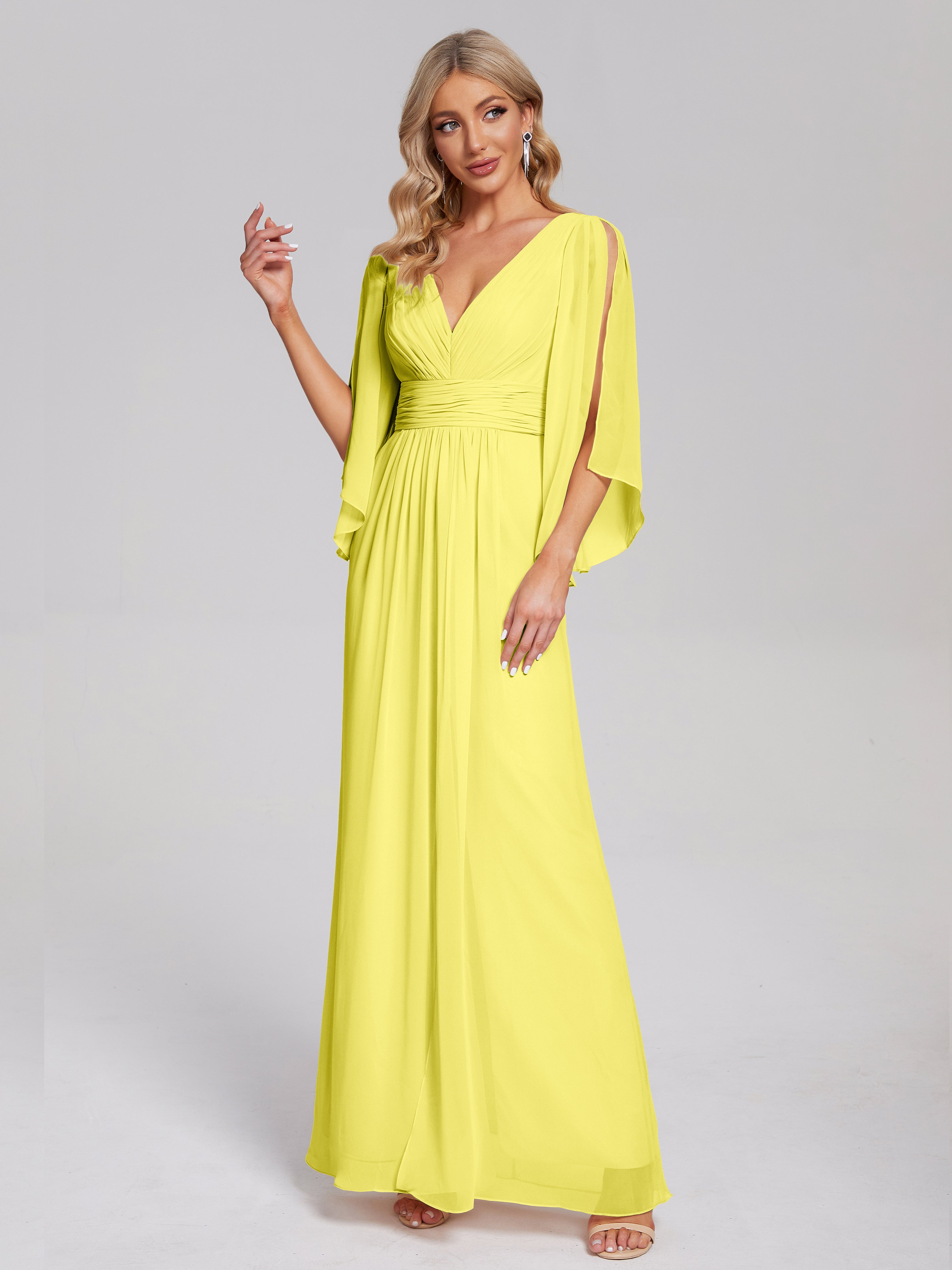 Robes De Demoiselle D'Honneur Citron Demi Manches Col V Fendue Mousseline Robes Demoiselle D'Honneur