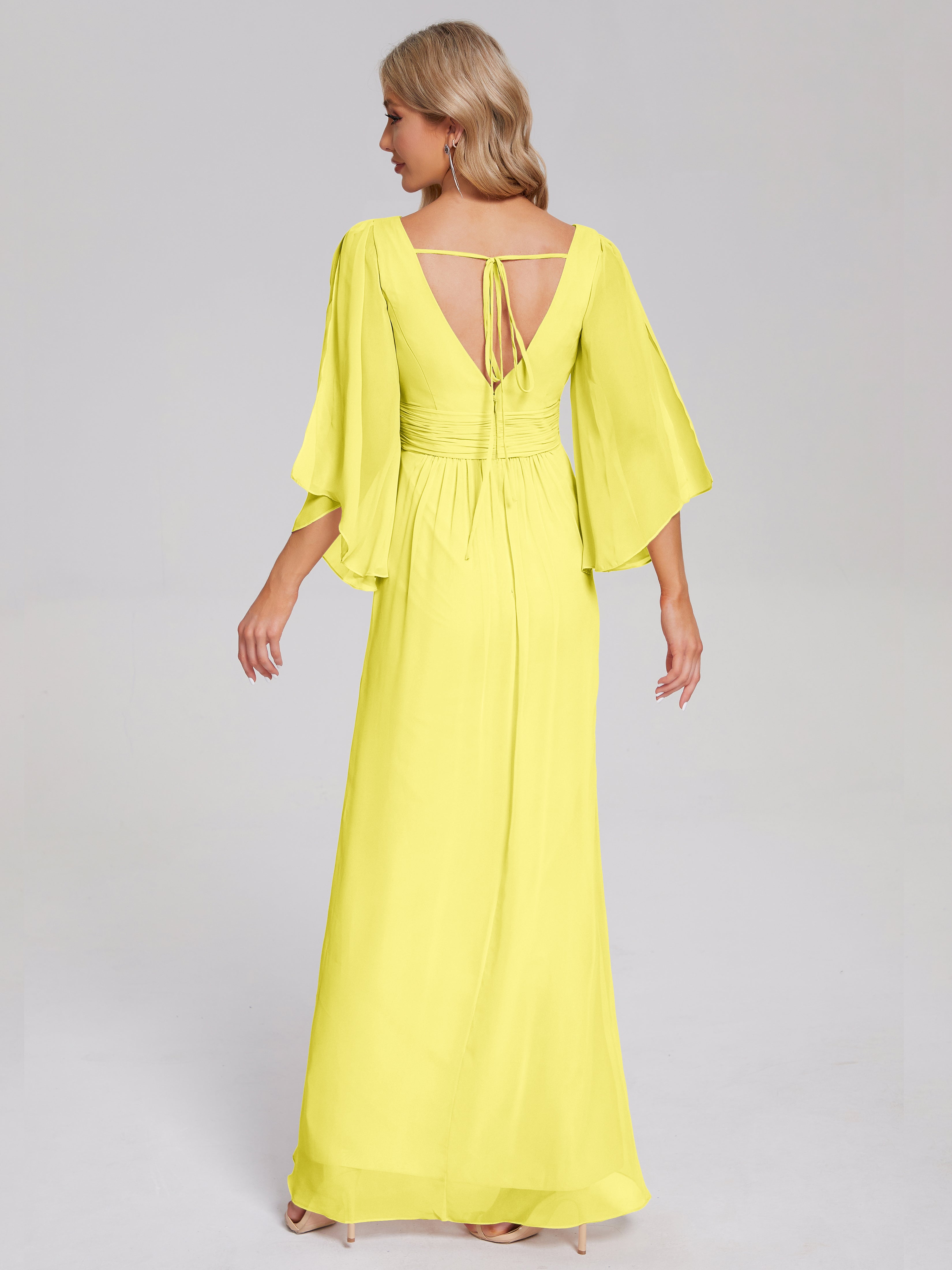 Robes De Demoiselle D'Honneur Citron Demi Manches Col V Fendue Mousseline Robes Demoiselle D'Honneur