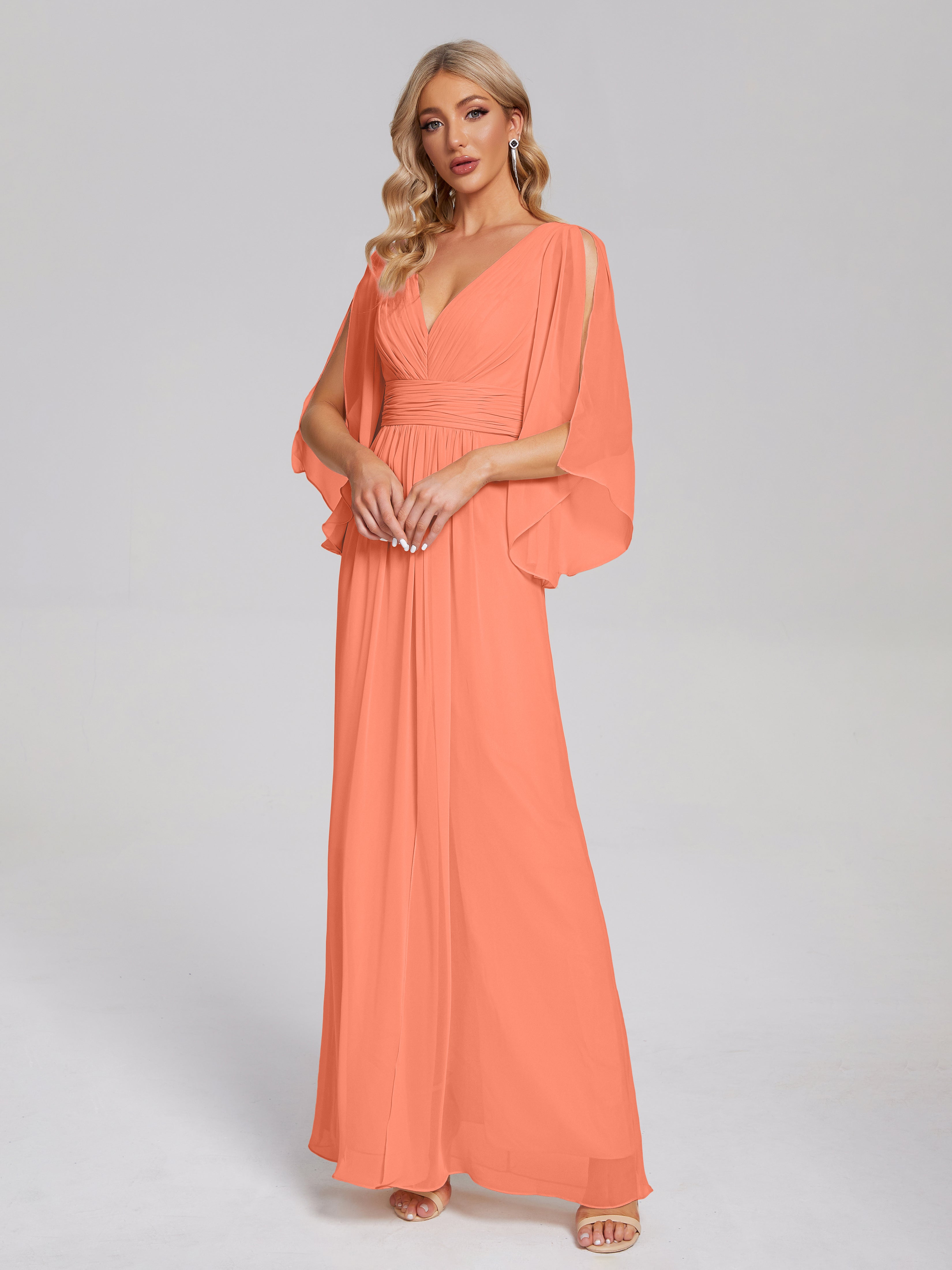Robes De Demoiselle D'Honneur Coucher De Soleil Demi Manches Col V Fendue Mousseline Robes Demoiselle D'Honneur