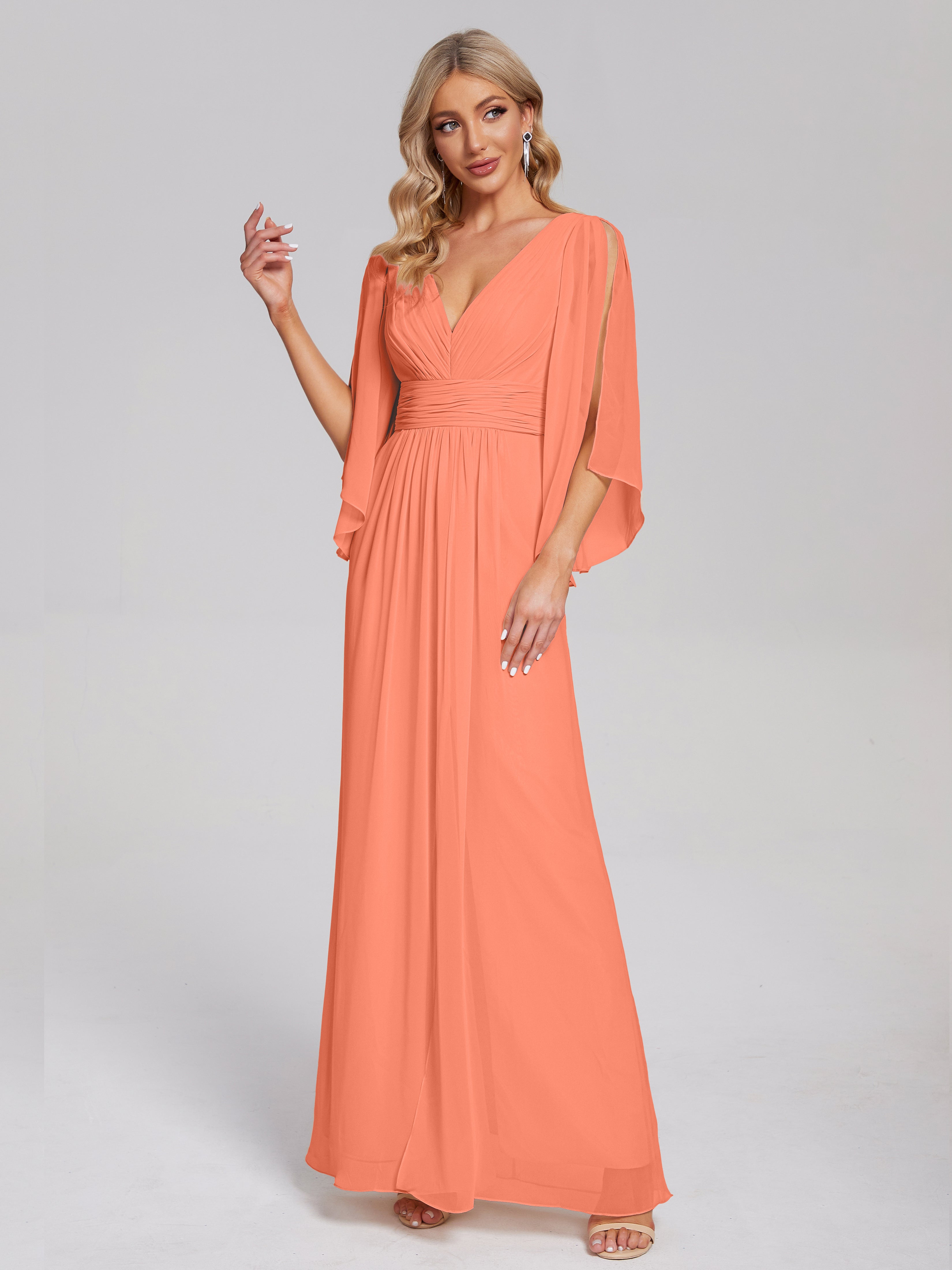 Robes De Demoiselle D'Honneur Coucher De Soleil Demi Manches Col V Fendue Mousseline Robes Demoiselle D'Honneur