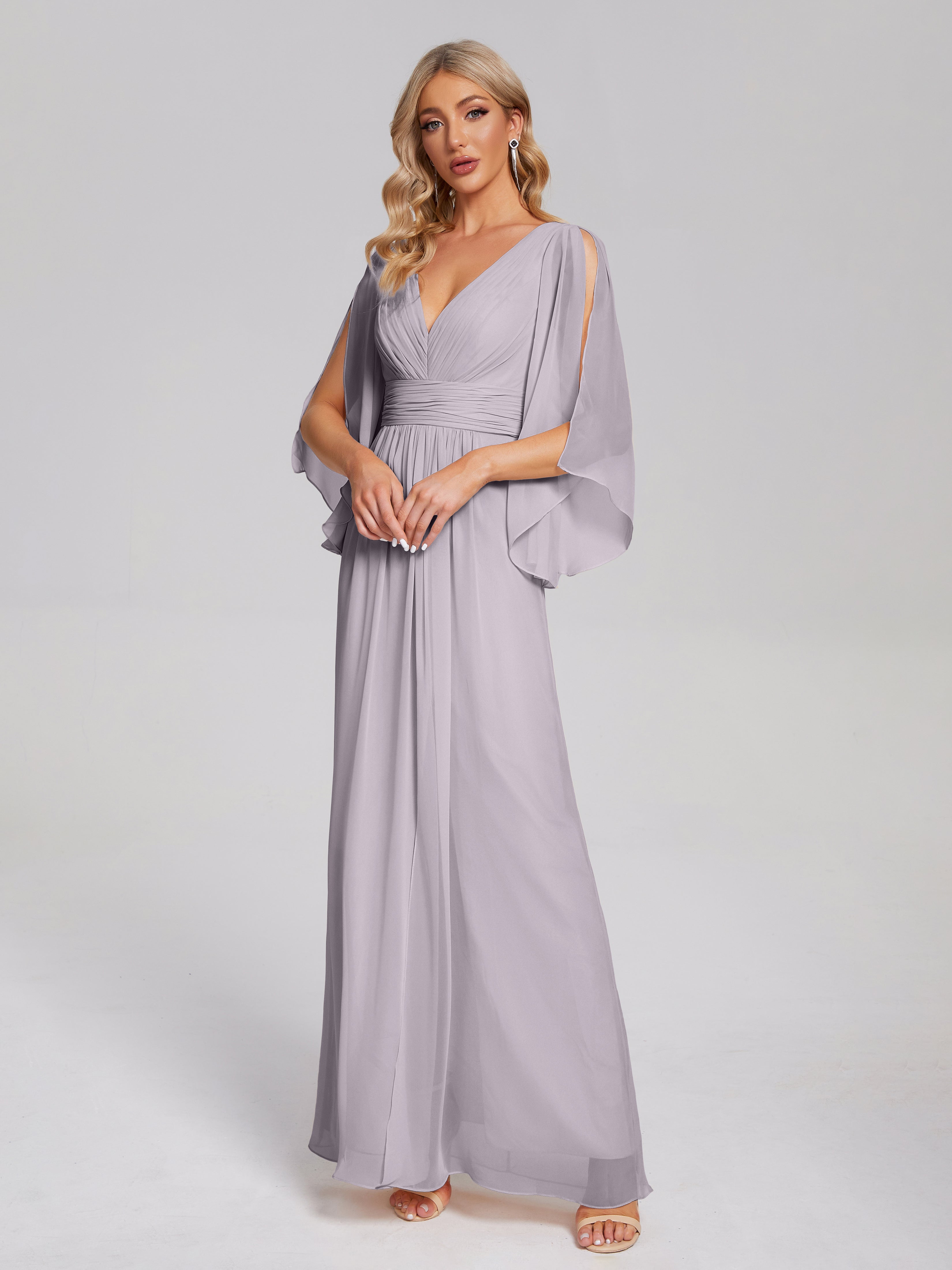 Robes De Demoiselle D'Honneur Crépuscule Demi Manches Col V Fendue Mousseline Robes Demoiselle D'Honneur