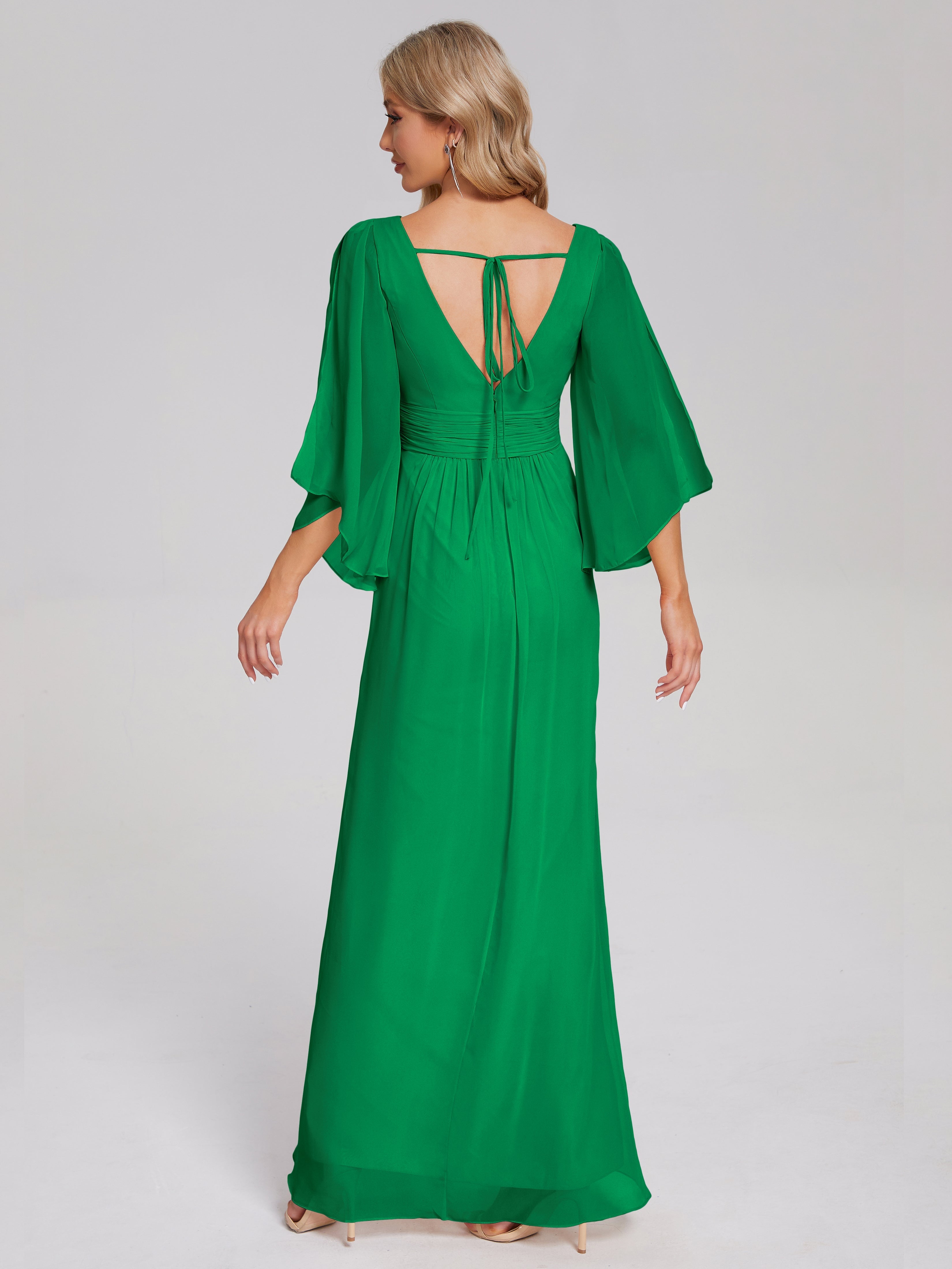 Robe Demoiselle D Honneur Vert Émeraude Demi Manches Col V Fendue Mousseline Robes Demoiselle D'Honneur
