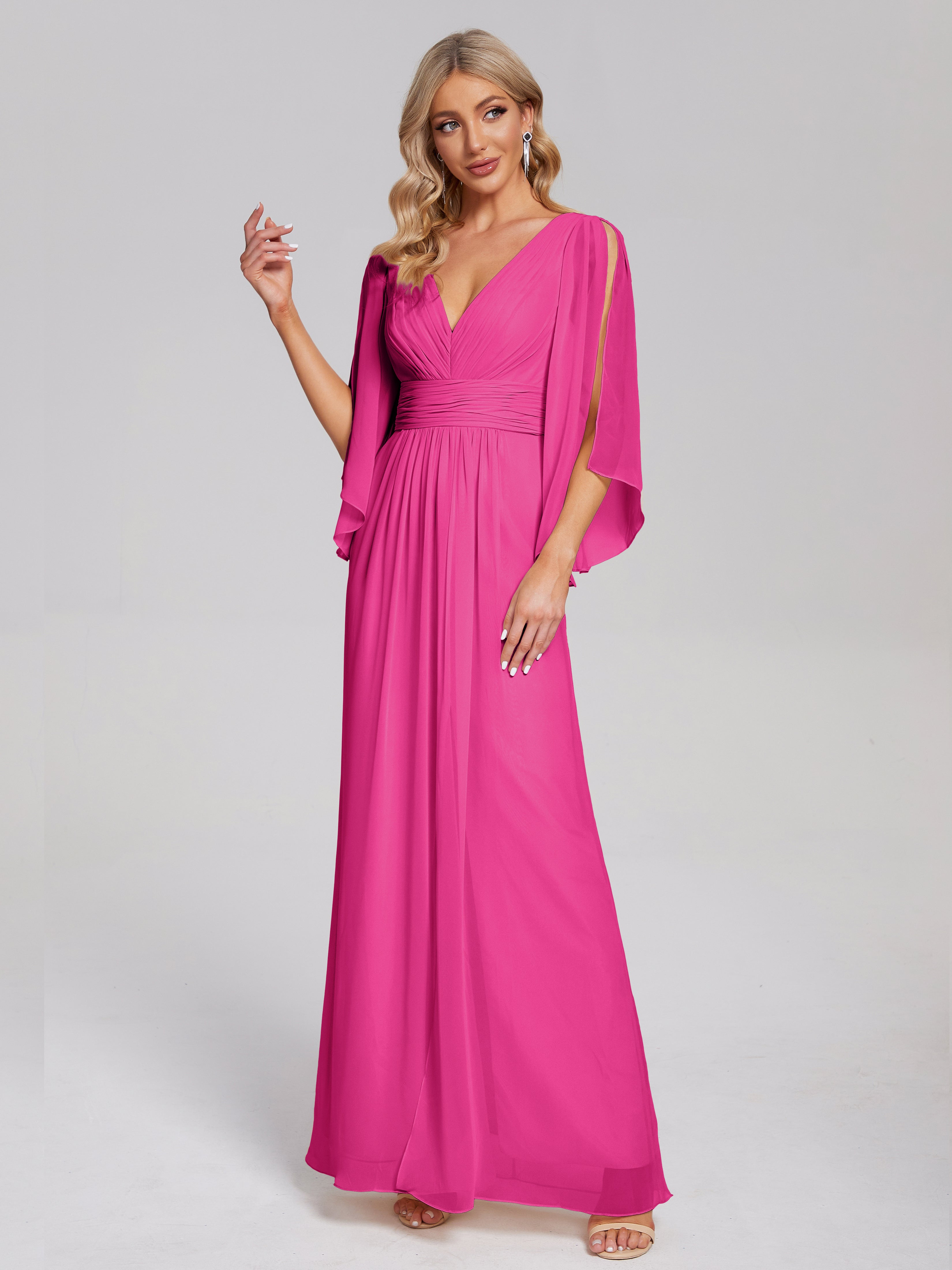 Robes De Demoiselle D'Honneur Couleur Fuchsia Rose Demi Manches Col V Fendue Mousseline Robes Demoiselle D'Honneur