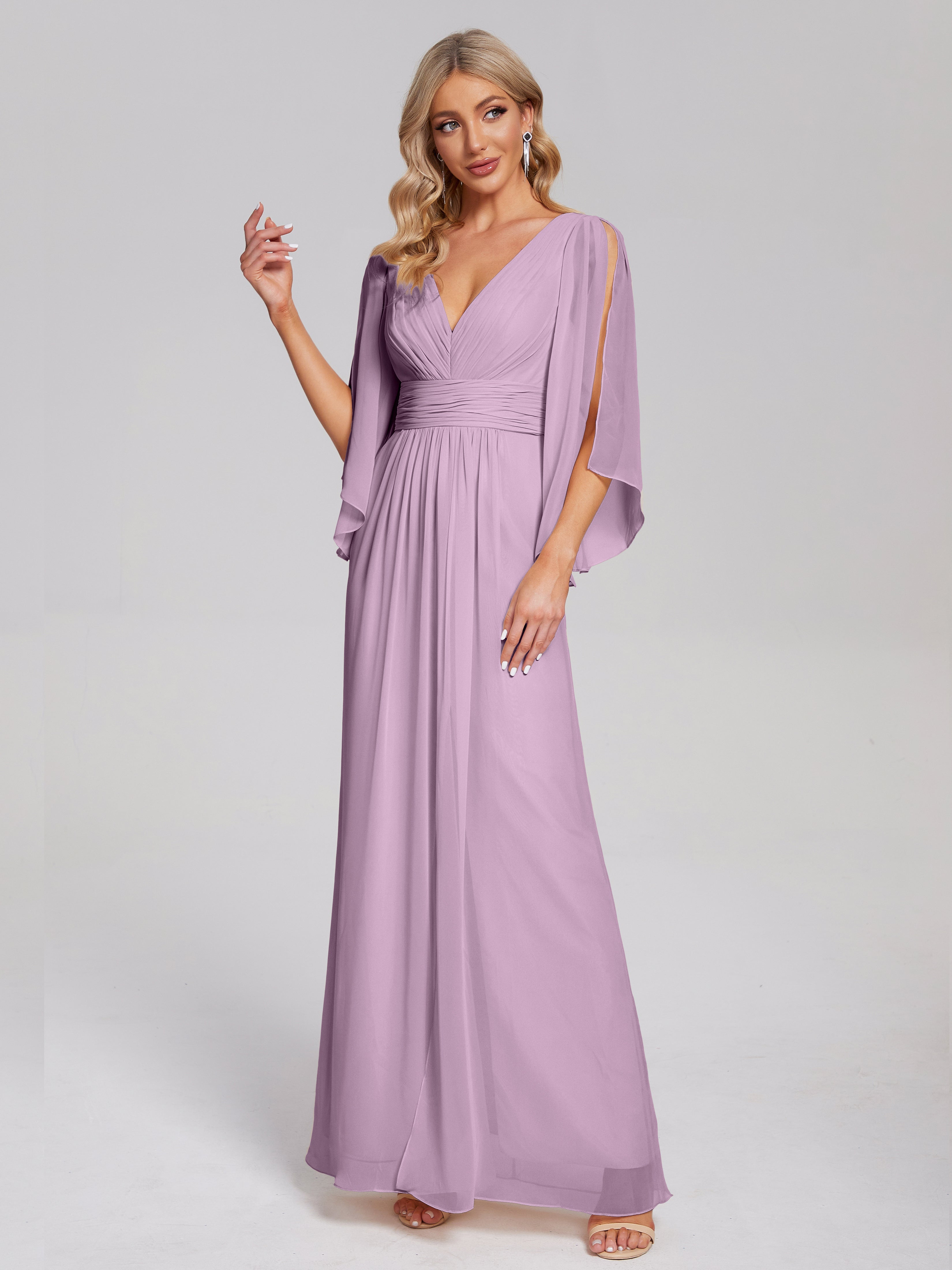 Robes De Demoiselle D'Honneur Glycine Demi Manches Col V Fendue Mousseline Robes Demoiselle D'Honneur