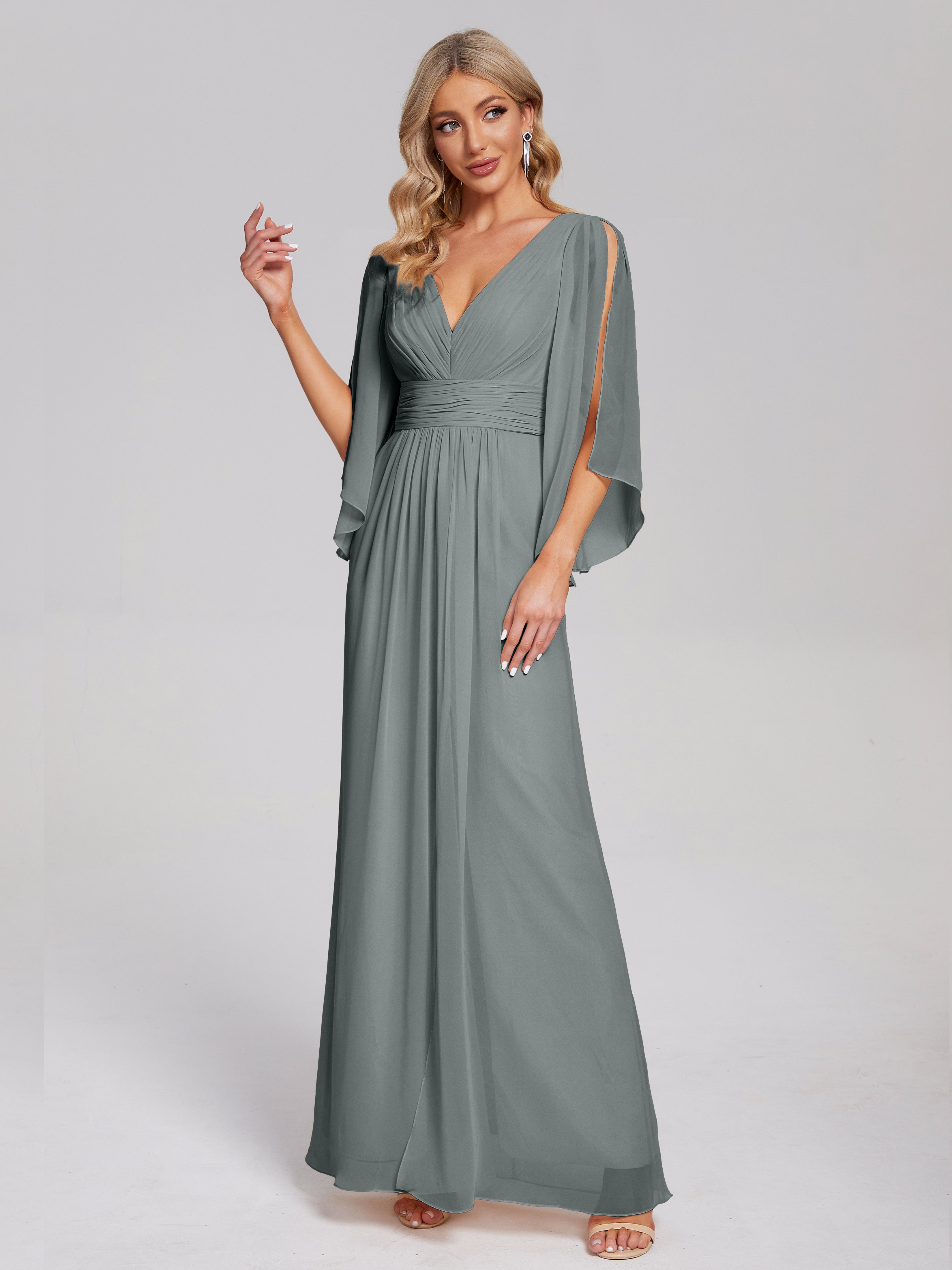 Robe Grise Demoiselle D Honneur Demi Manches Col V Fendue Mousseline Robes Demoiselle D'Honneur