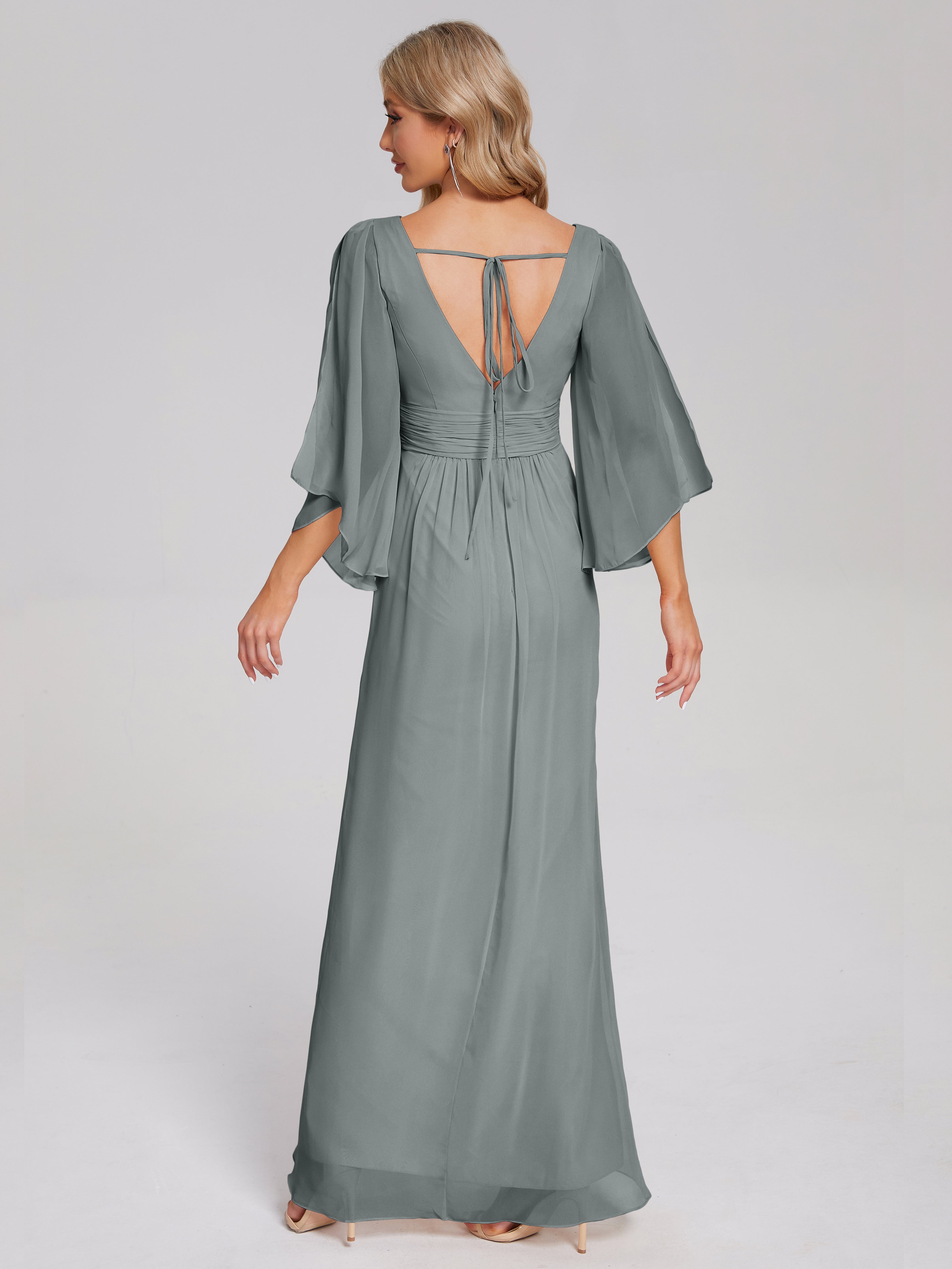 Robe Grise Demoiselle D Honneur Demi Manches Col V Fendue Mousseline Robes Demoiselle D'Honneur