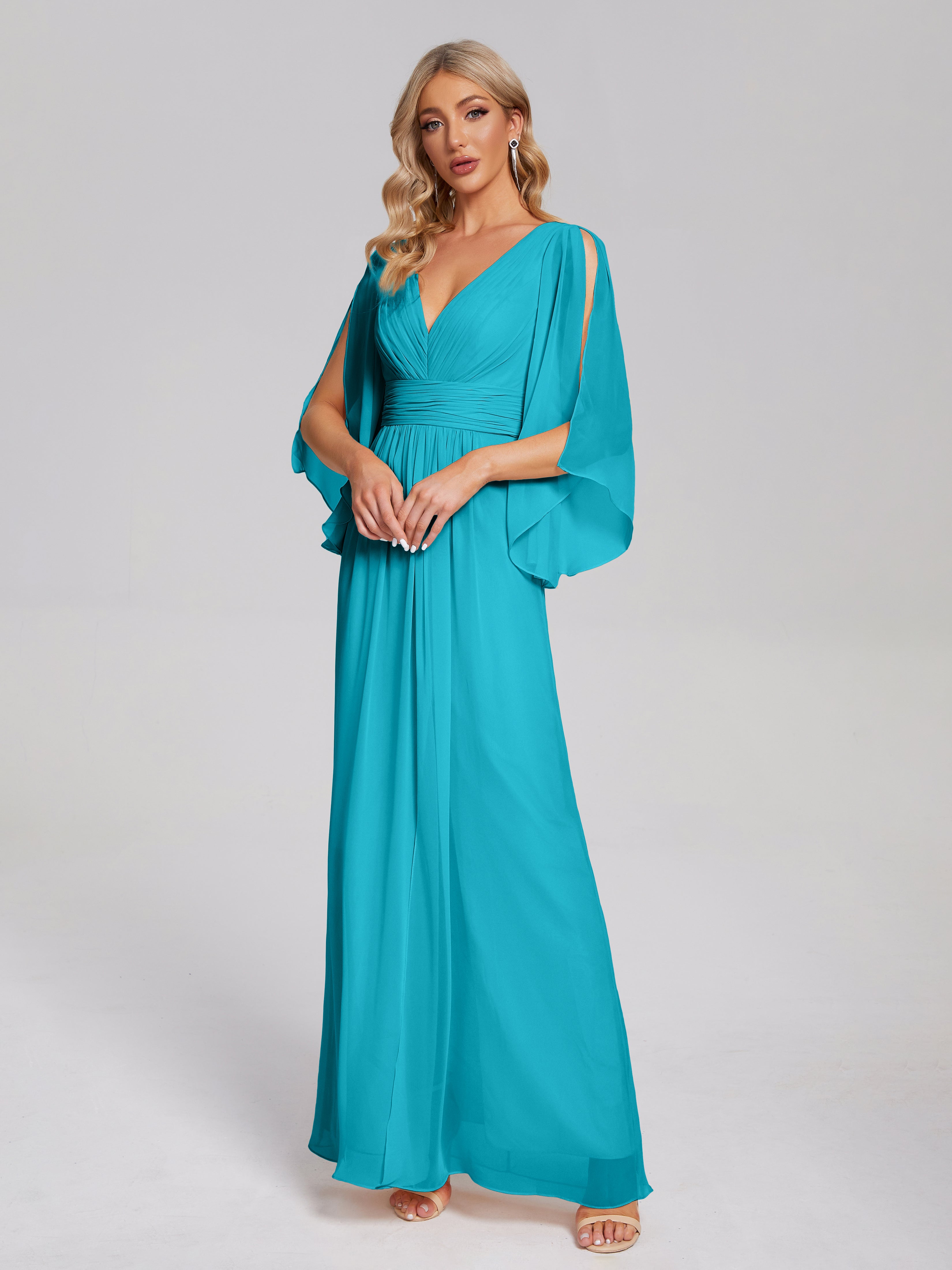 Robes De Demoiselle D'Honneur Vert Jade Demi Manches Col V Fendue Mousseline Robes Demoiselle D'Honneur