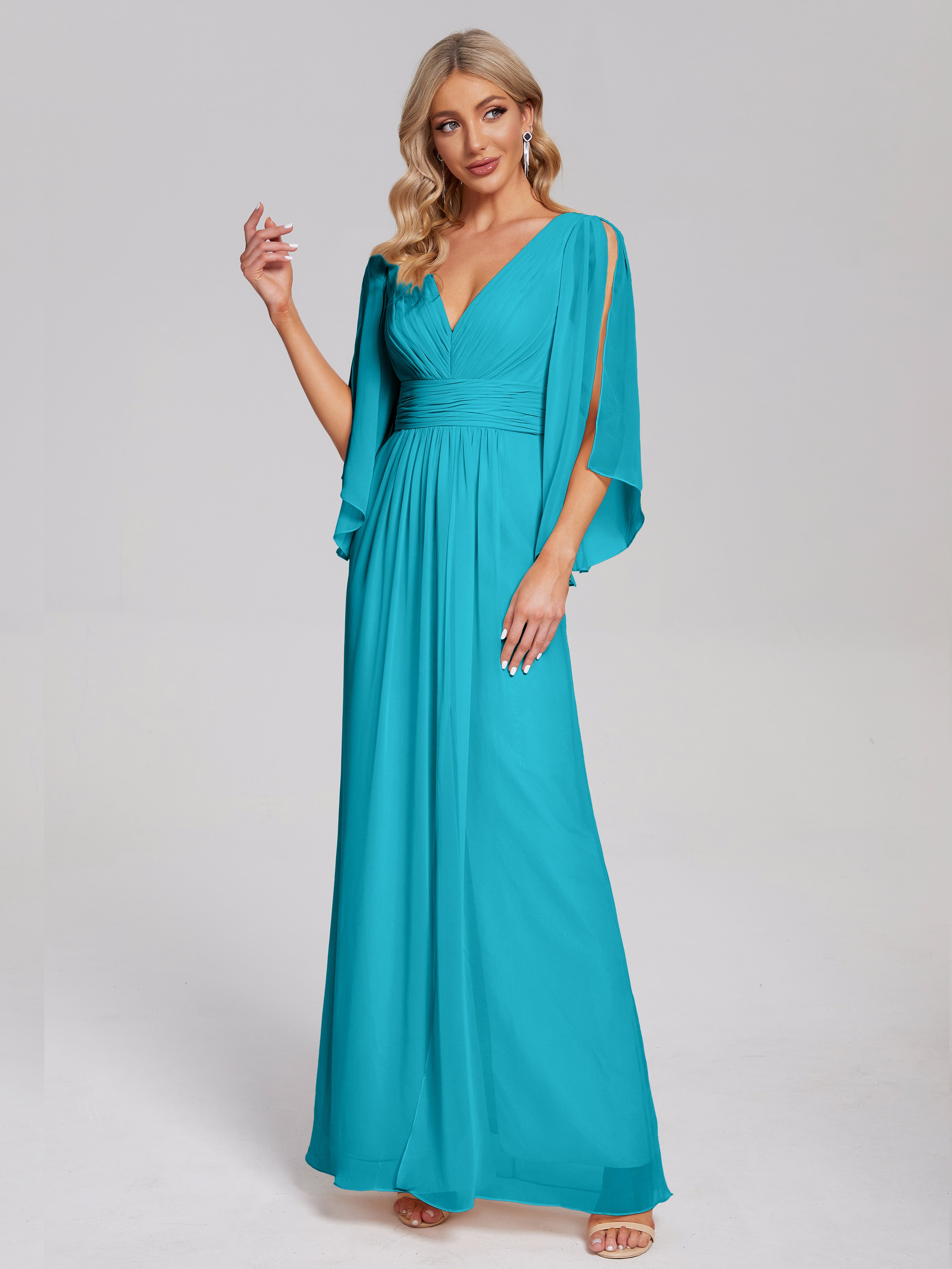 Robes De Demoiselle D'Honneur Vert Jade Demi Manches Col V Fendue Mousseline Robes Demoiselle D'Honneur