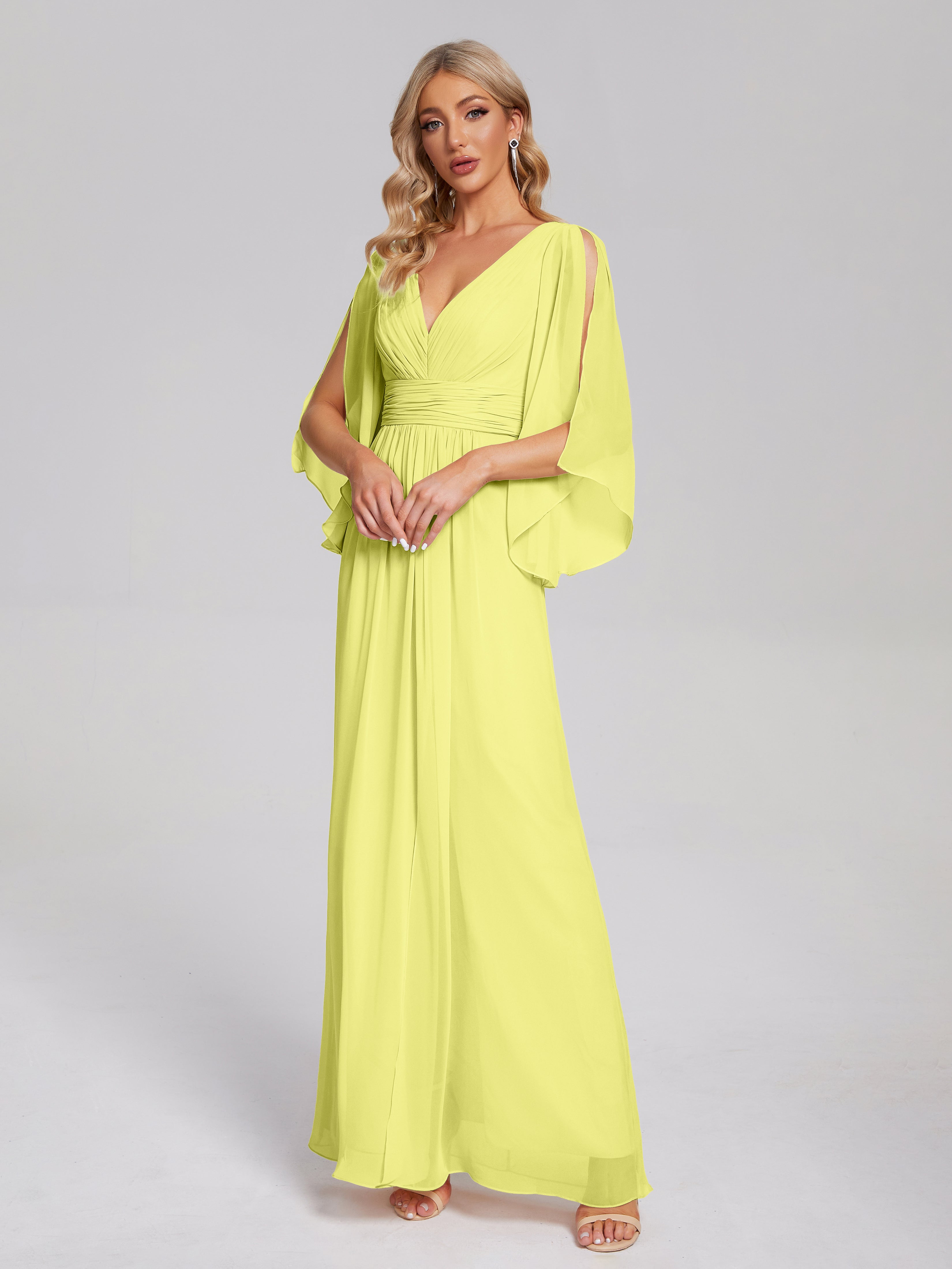 Robes De Demoiselle D'Honneur Jonquille Demi Manches Col V Fendue Mousseline Robes Demoiselle D'Honneur