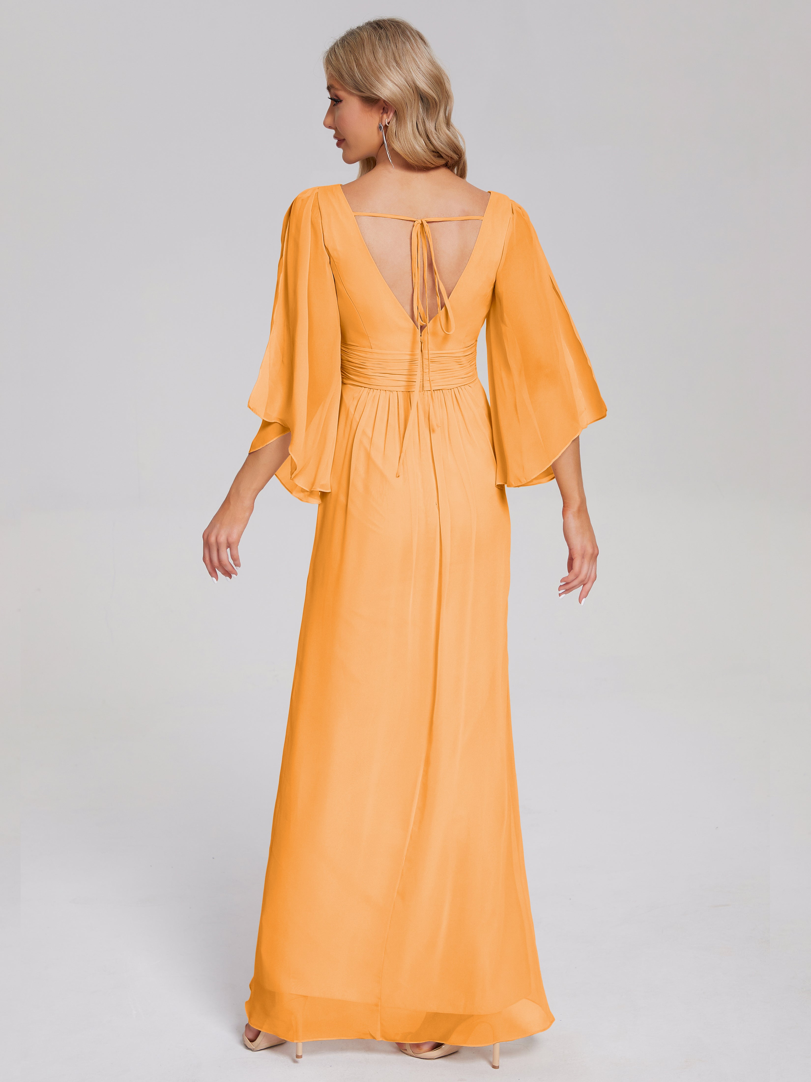 Robes De Demoiselle D'Honneur Mandarine Demi Manches Col V Fendue Mousseline Robes Demoiselle D'Honneur