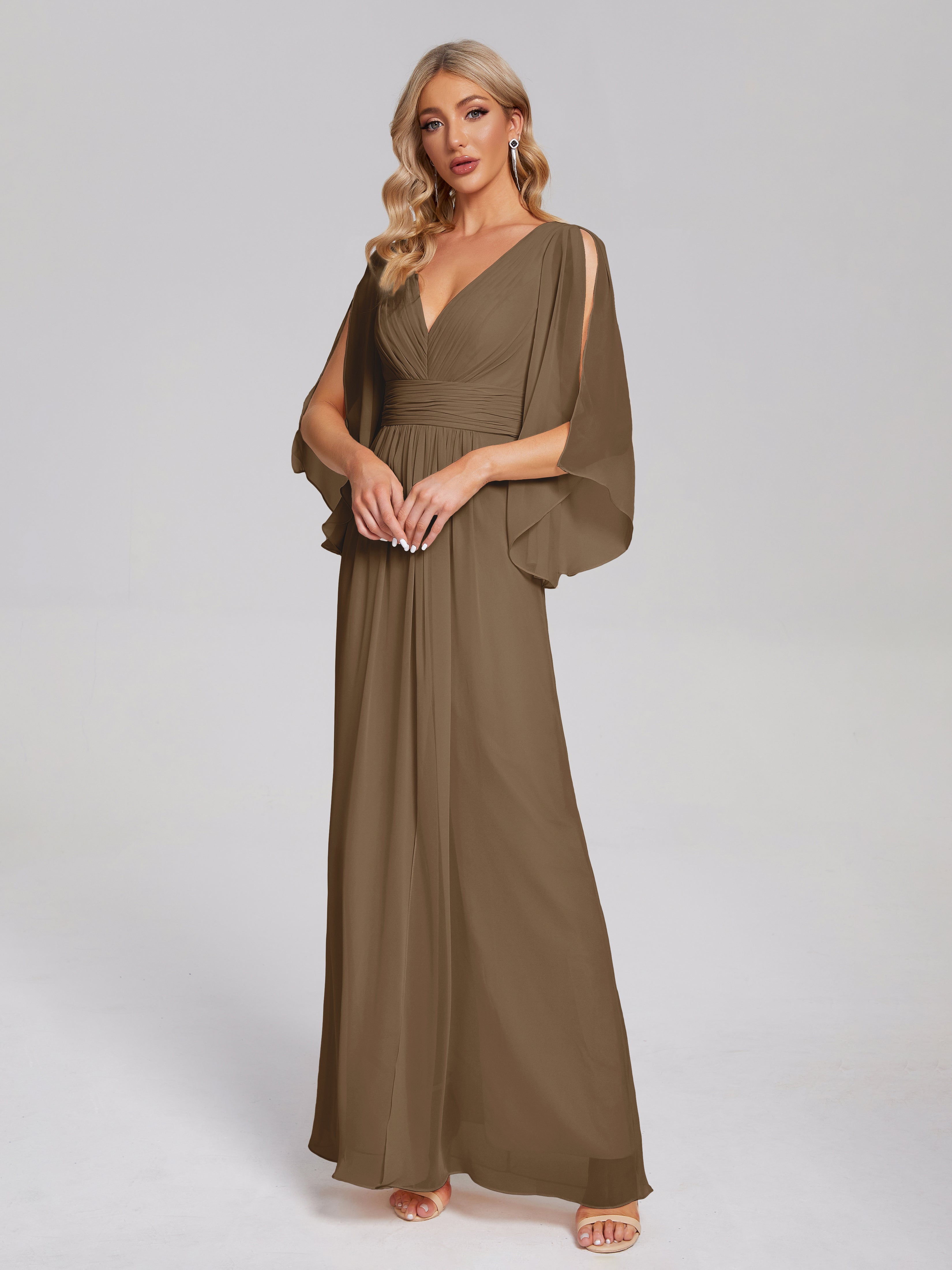 Robe De Demoiselle D'Honneur Moka Demi Manches Col V Fendue Mousseline Robes Demoiselle D'Honneur
